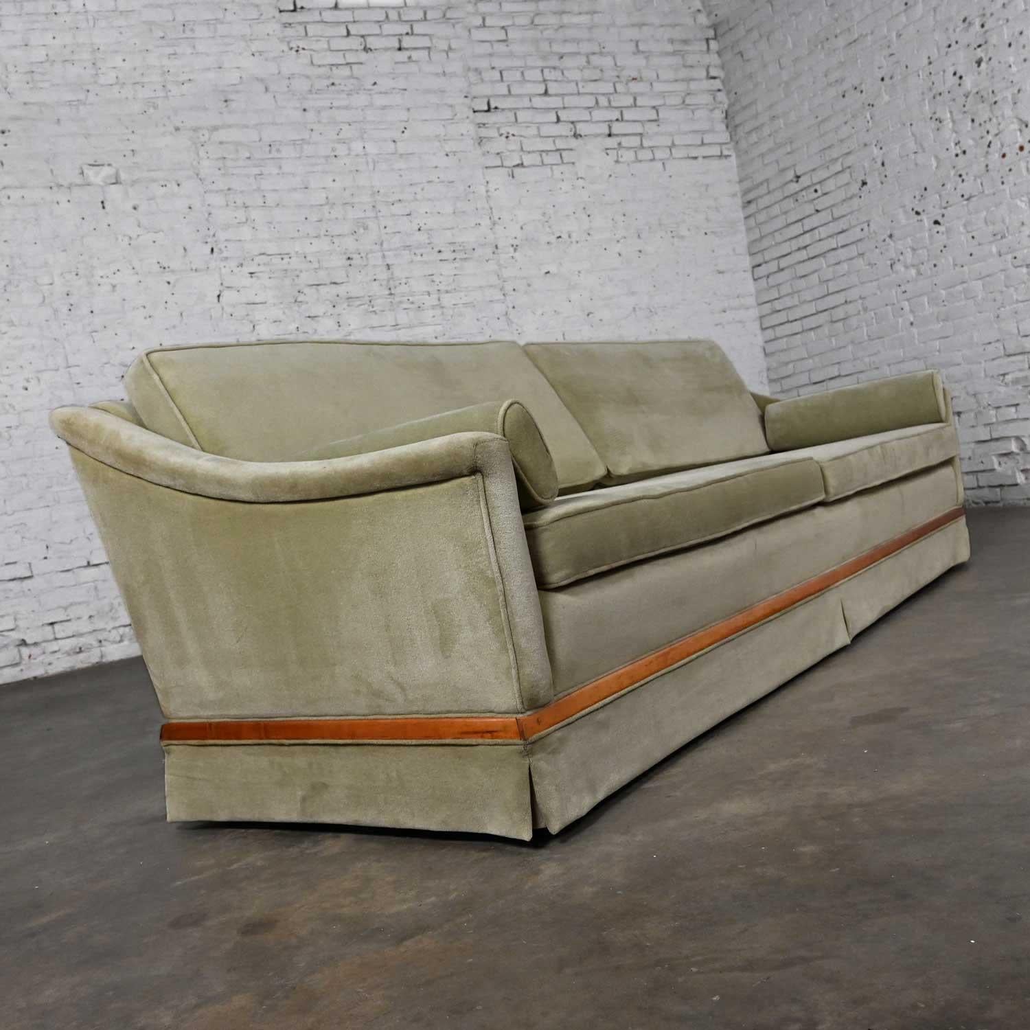Mid-20th Century MCM Green Velvet Sloped Arm Sofa with Oval Arm Bolster Pillows 2