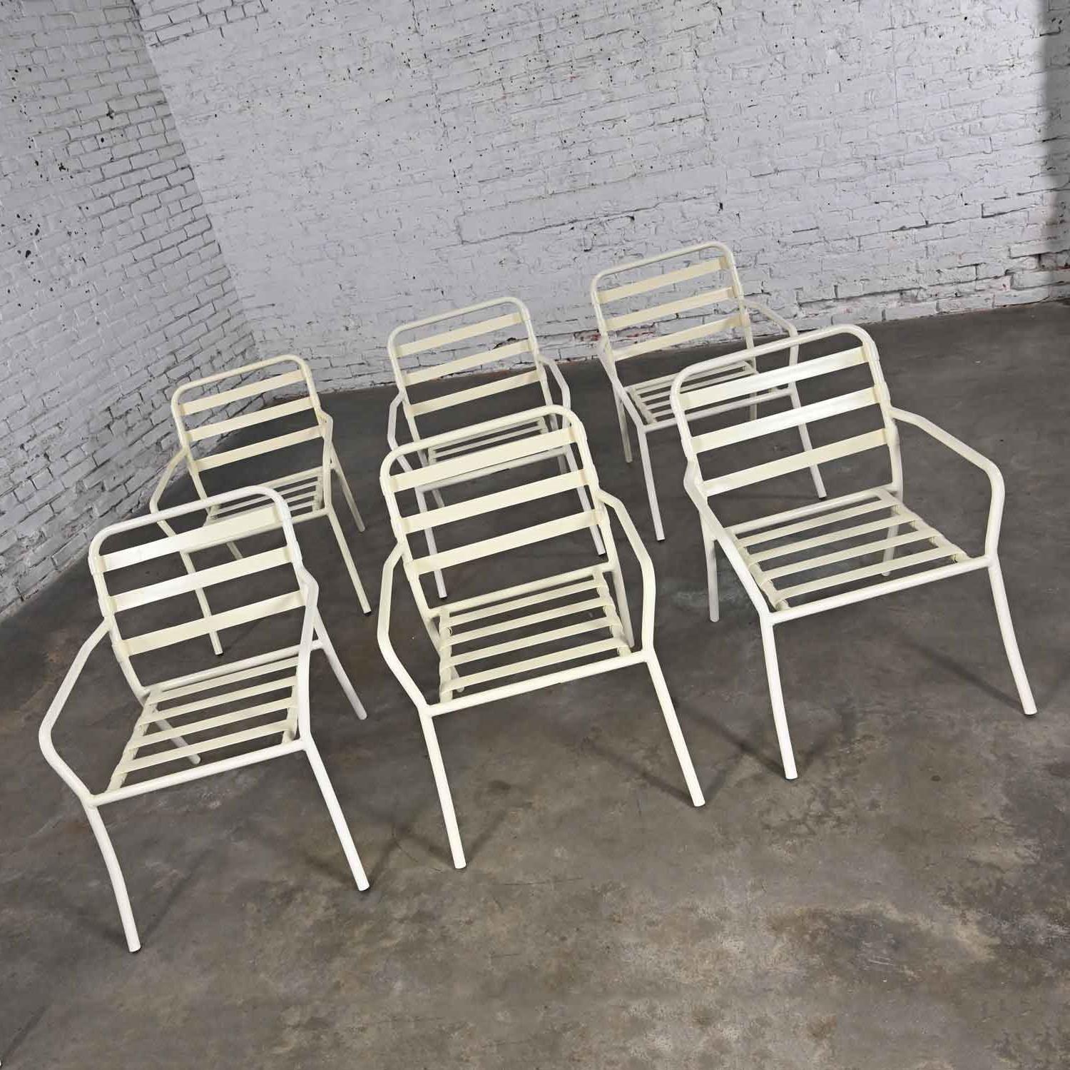 Mid-Century Modern Mid-20th Century MCM Tropitone Outdoor Chairs with Vinyl Straps & Cushions Set 6 For Sale