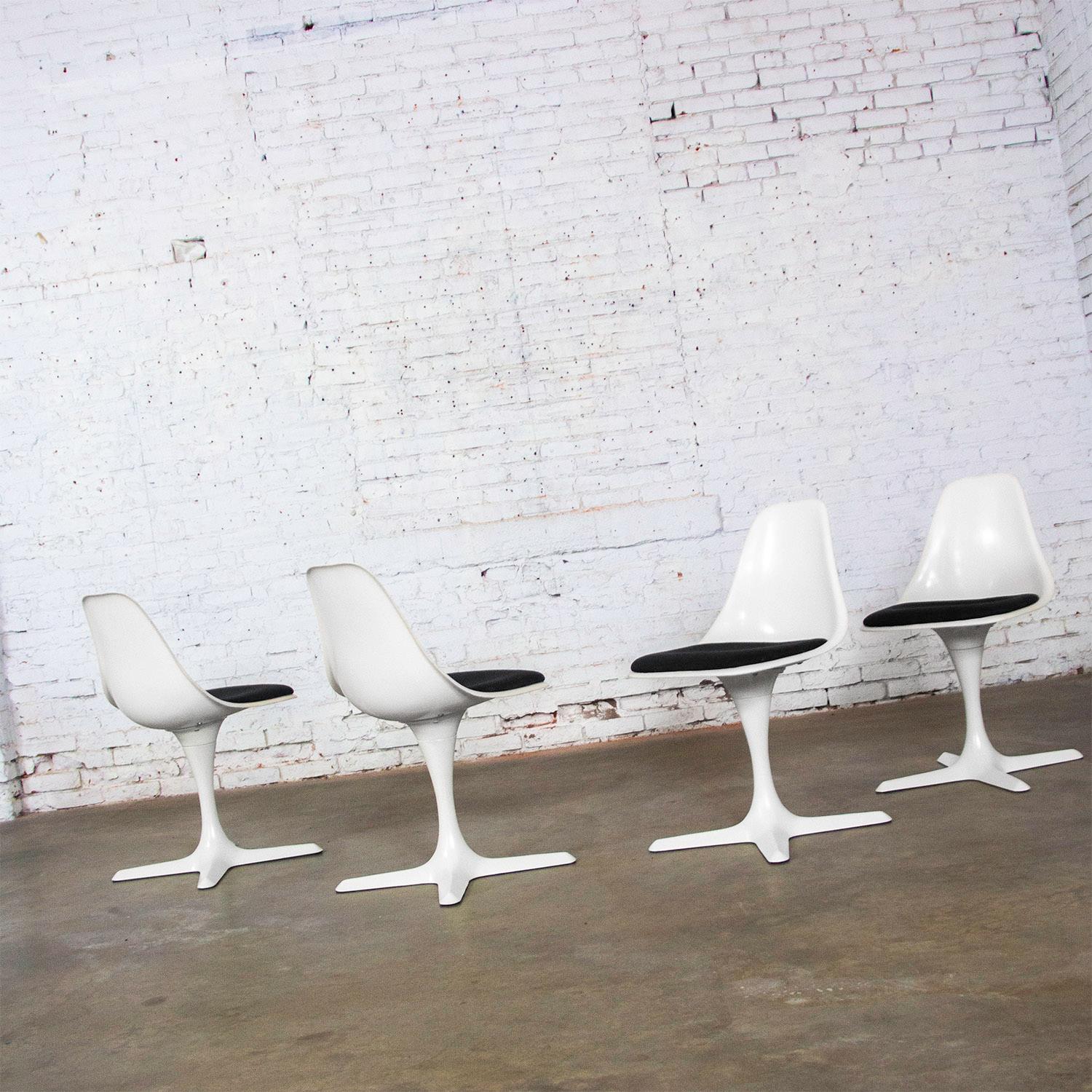 Metal Mid-20th Century MCM Tulip Chairs White Shell & Black Cushions by Burke Set of 4 For Sale