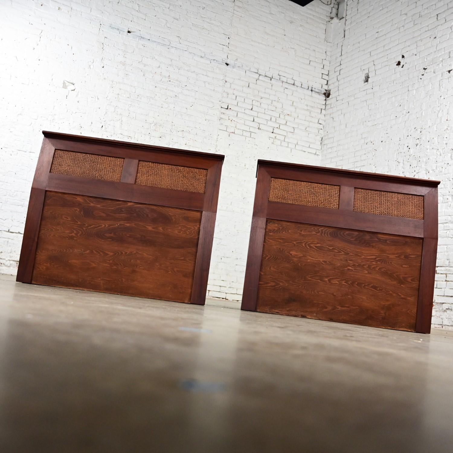 Mid-20th Century MCM Walnut & Cane Flip Top Storage Twin Headboards a Pair For Sale 9