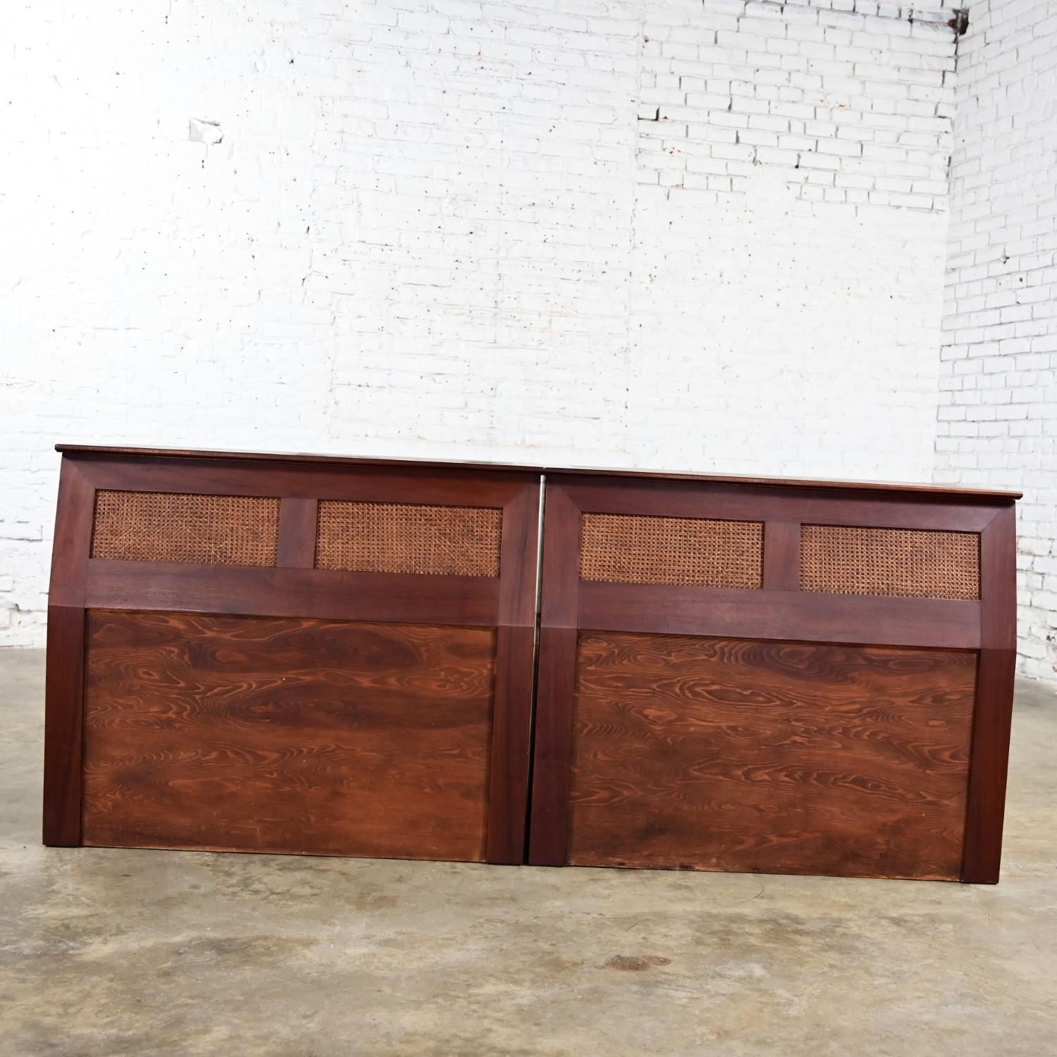 Awesome vintage Mid-Century Modern walnut & cane flip top storage twin headboards, a pair. Beautiful condition, keeping in mind that these are vintage and not new so will have signs of use and wear even if it has been refinished or restored.
