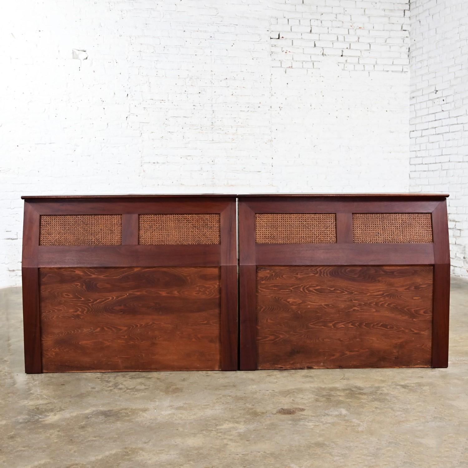Mid-20th Century MCM Walnut & Cane Flip Top Storage Twin Headboards a Pair For Sale 15