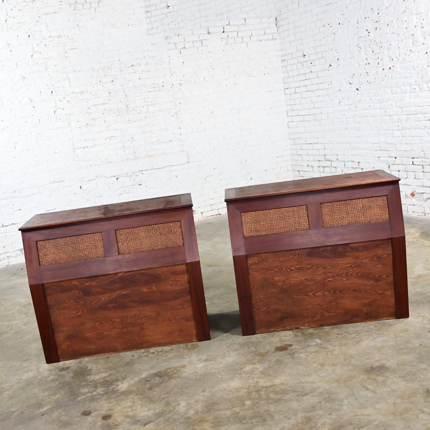 Mid-Century Modern Mid-20th Century MCM Walnut & Cane Flip Top Storage Twin Headboards a Pair For Sale