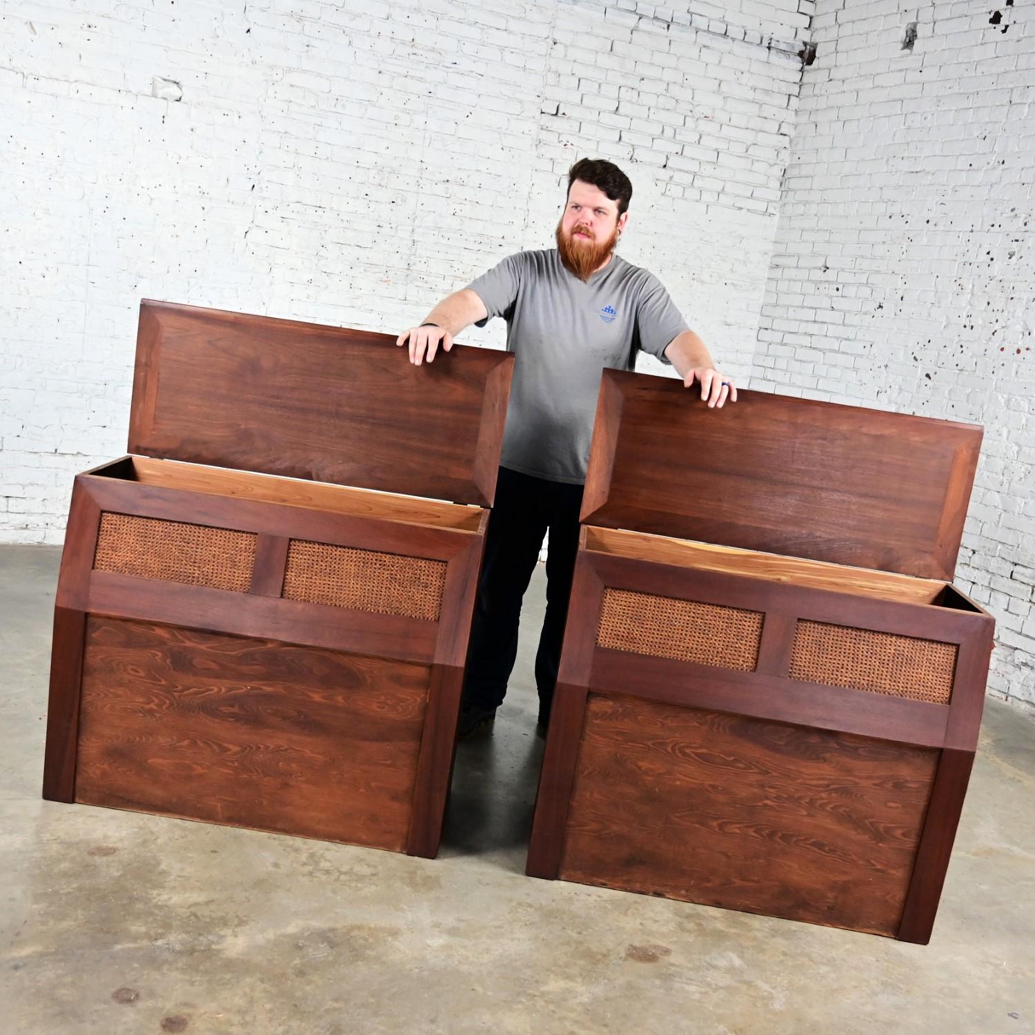 Unknown Mid-20th Century MCM Walnut & Cane Flip Top Storage Twin Headboards a Pair For Sale
