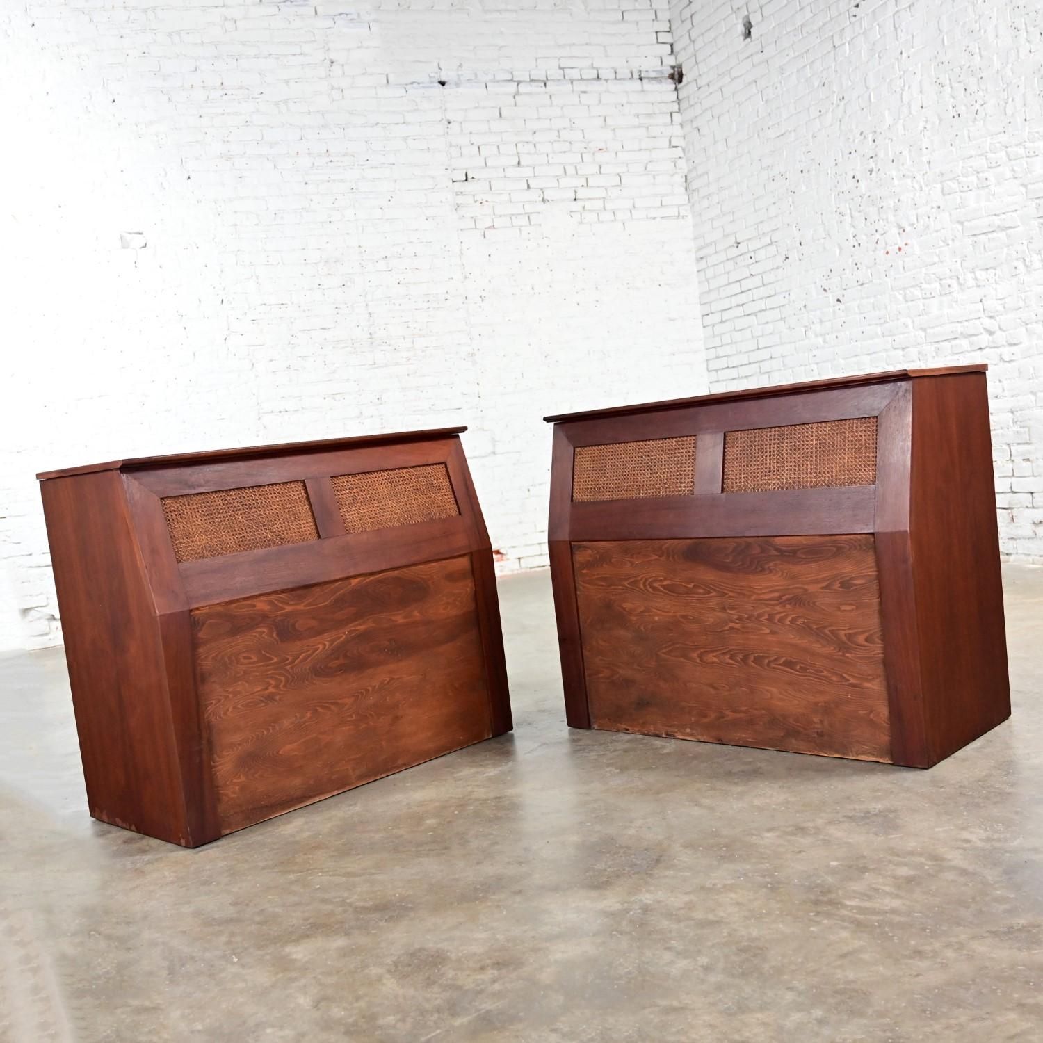 Mid-20th Century MCM Walnut & Cane Flip Top Storage Twin Headboards a Pair For Sale 4