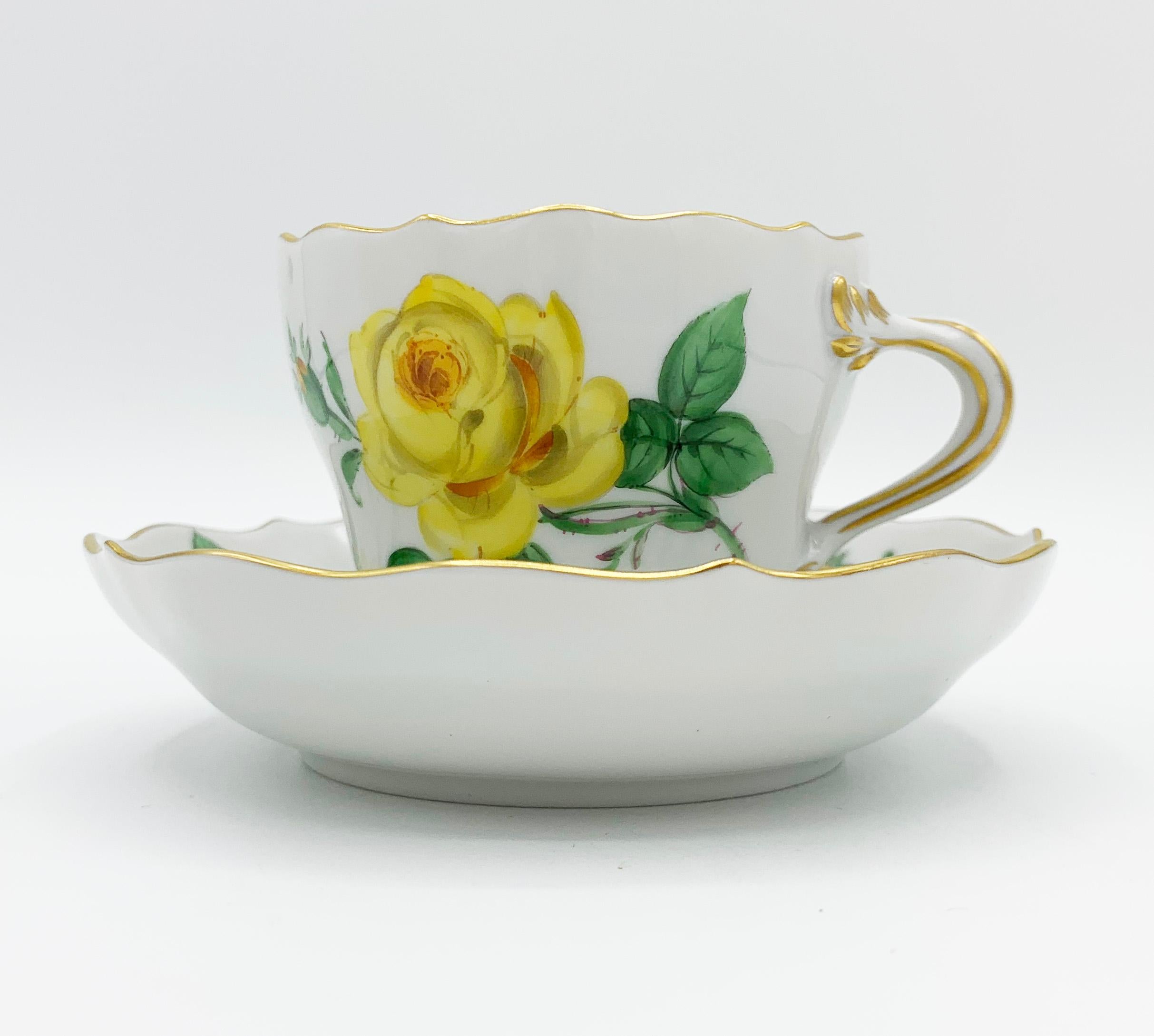 German Mid-20th Century Meissen Gold Color Yellow Rose Coffee Cup Saucer  For Sale