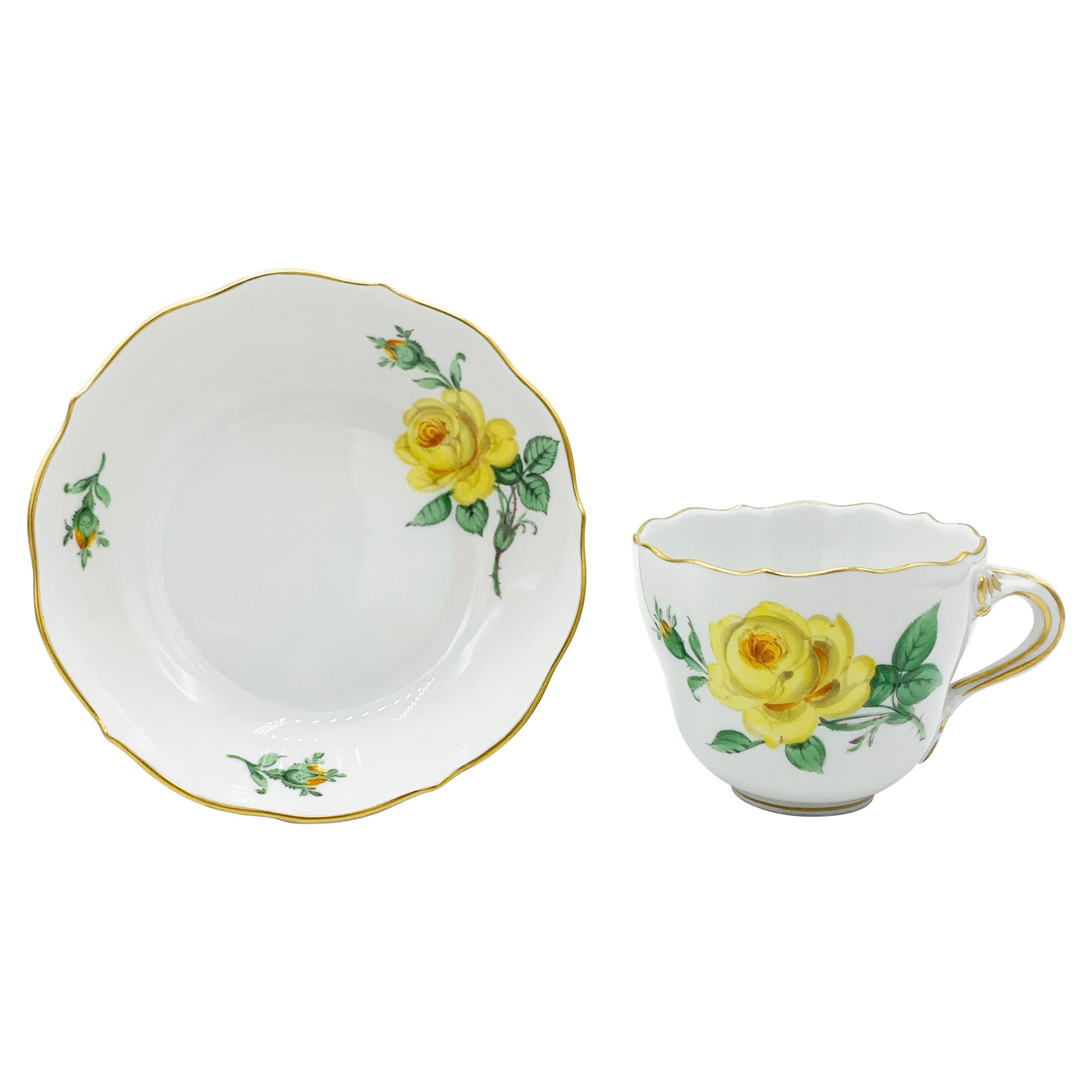 Mid-20th Century Meissen Gold Color Yellow Rose Coffee Cup Saucer 
