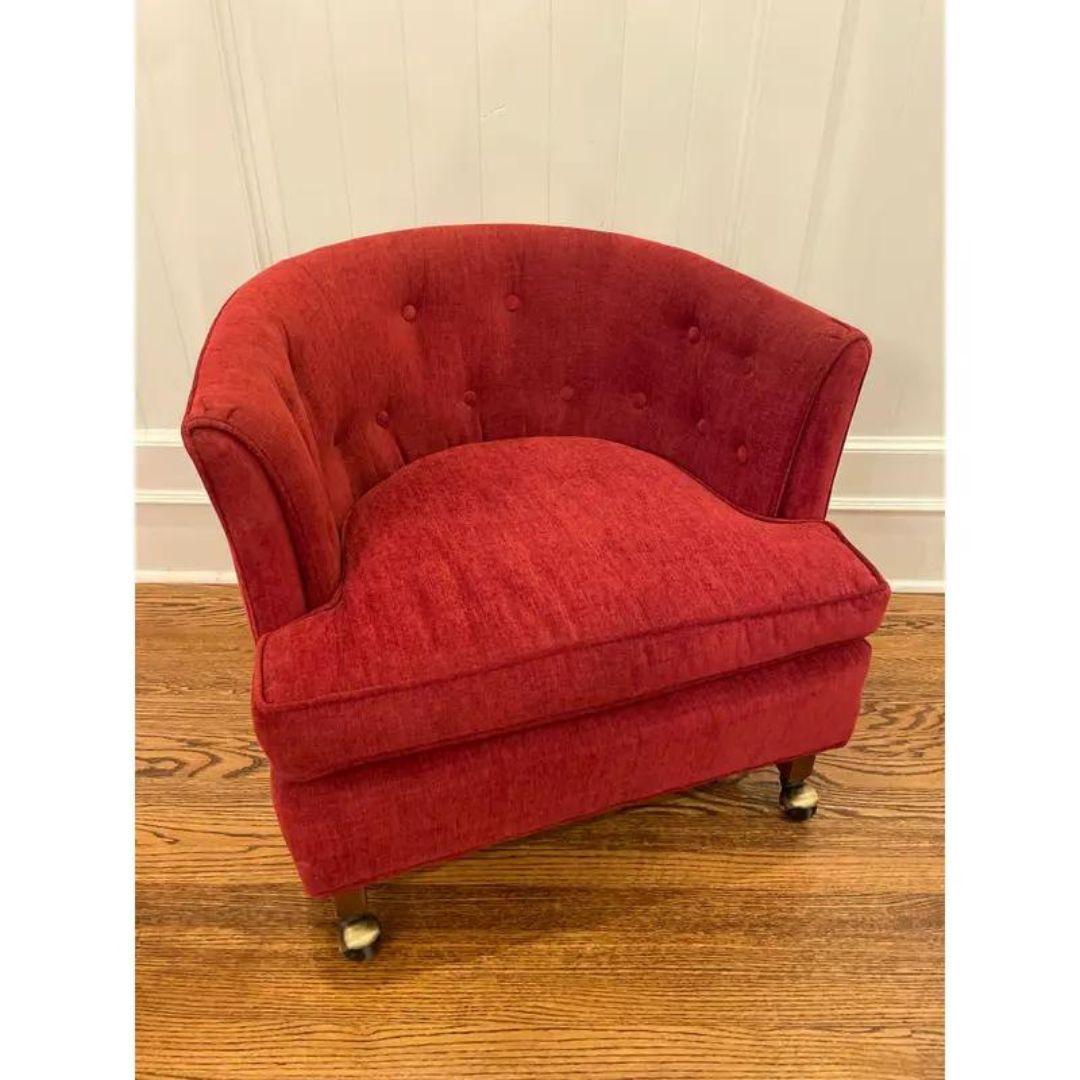 Nice example of a mid-century modern Milo Baughman style barrel back tub chair in original upholstery. We love the classic modernist form. 

Seat is soft and comfortable. Original upholstery is in a ruby red /burgundy color and in very good vintage