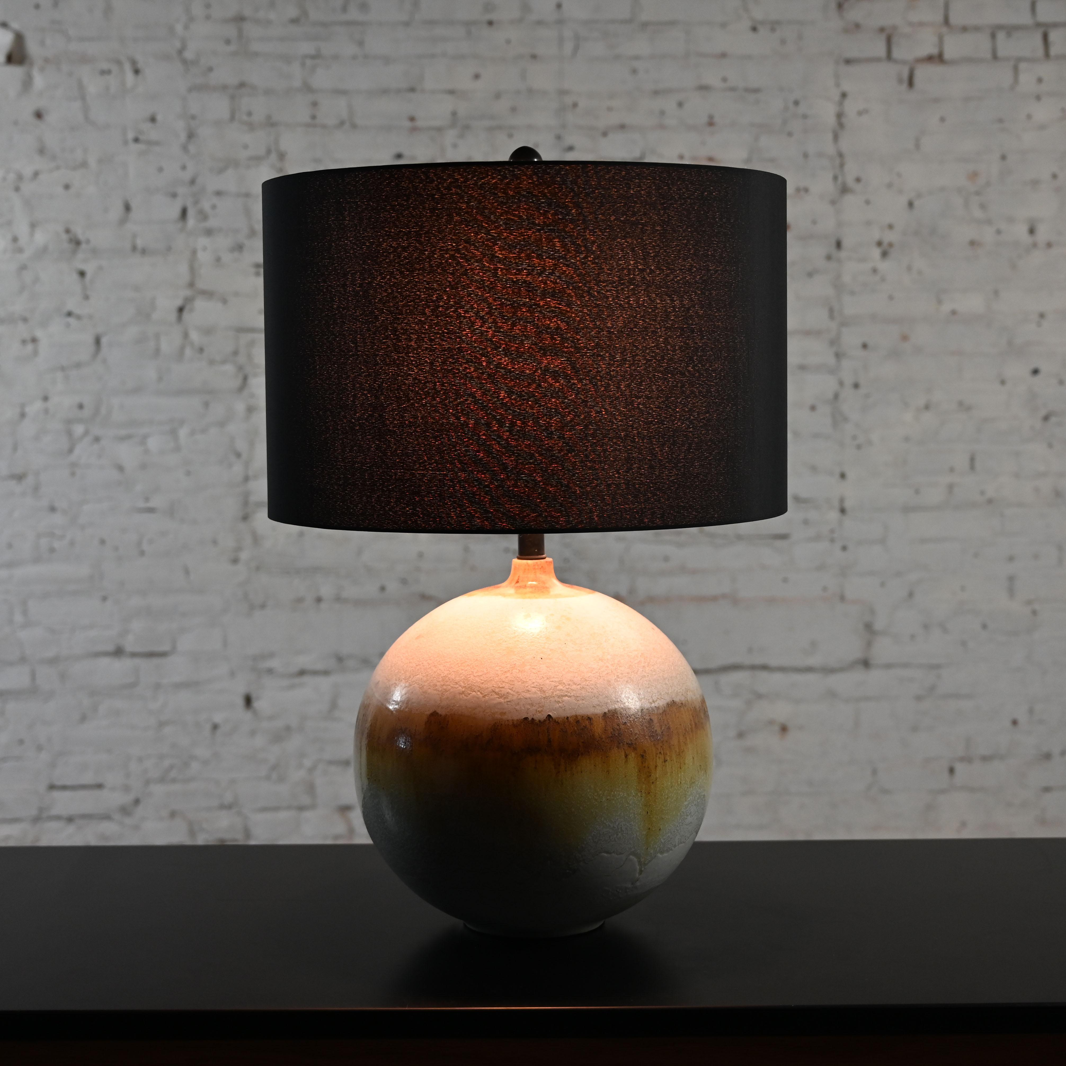 Mid-20th Century MCM Drip Glaze Ceramic Ball Lamp with New Black Shade For Sale 3
