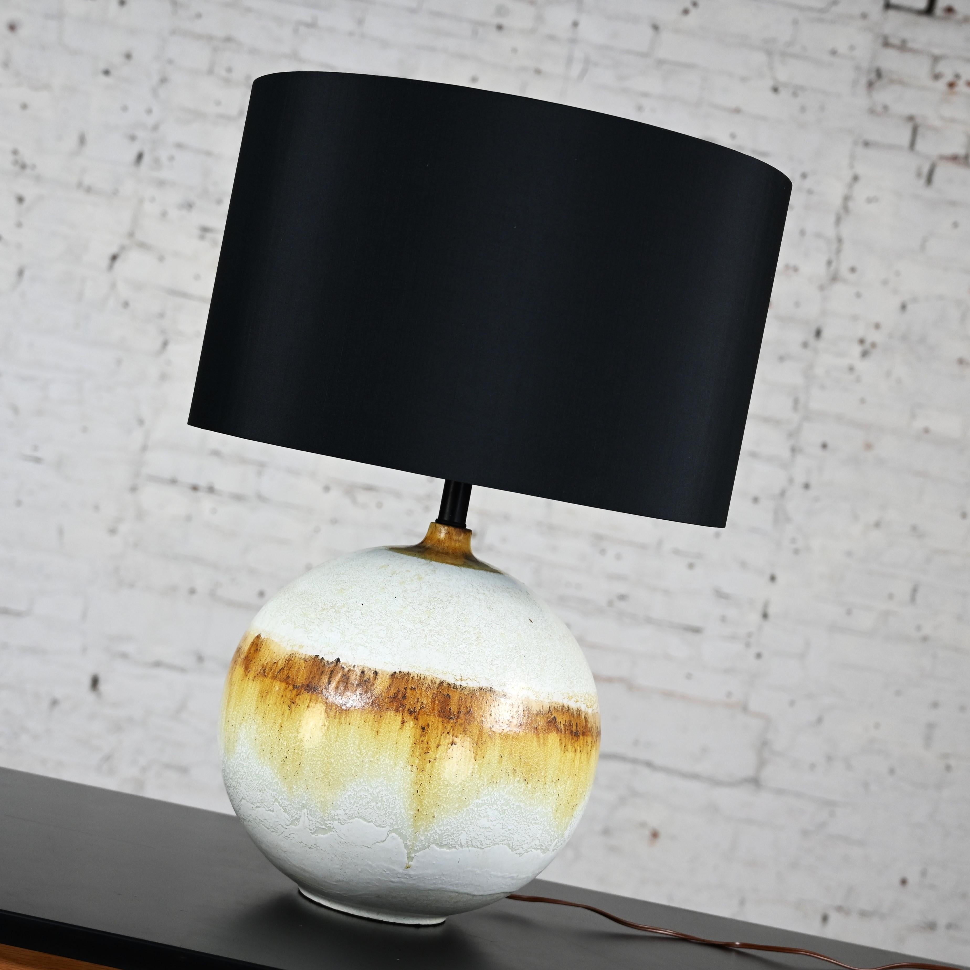 Mid-20th Century MCM Drip Glaze Ceramic Ball Lamp with New Black Shade For Sale 1
