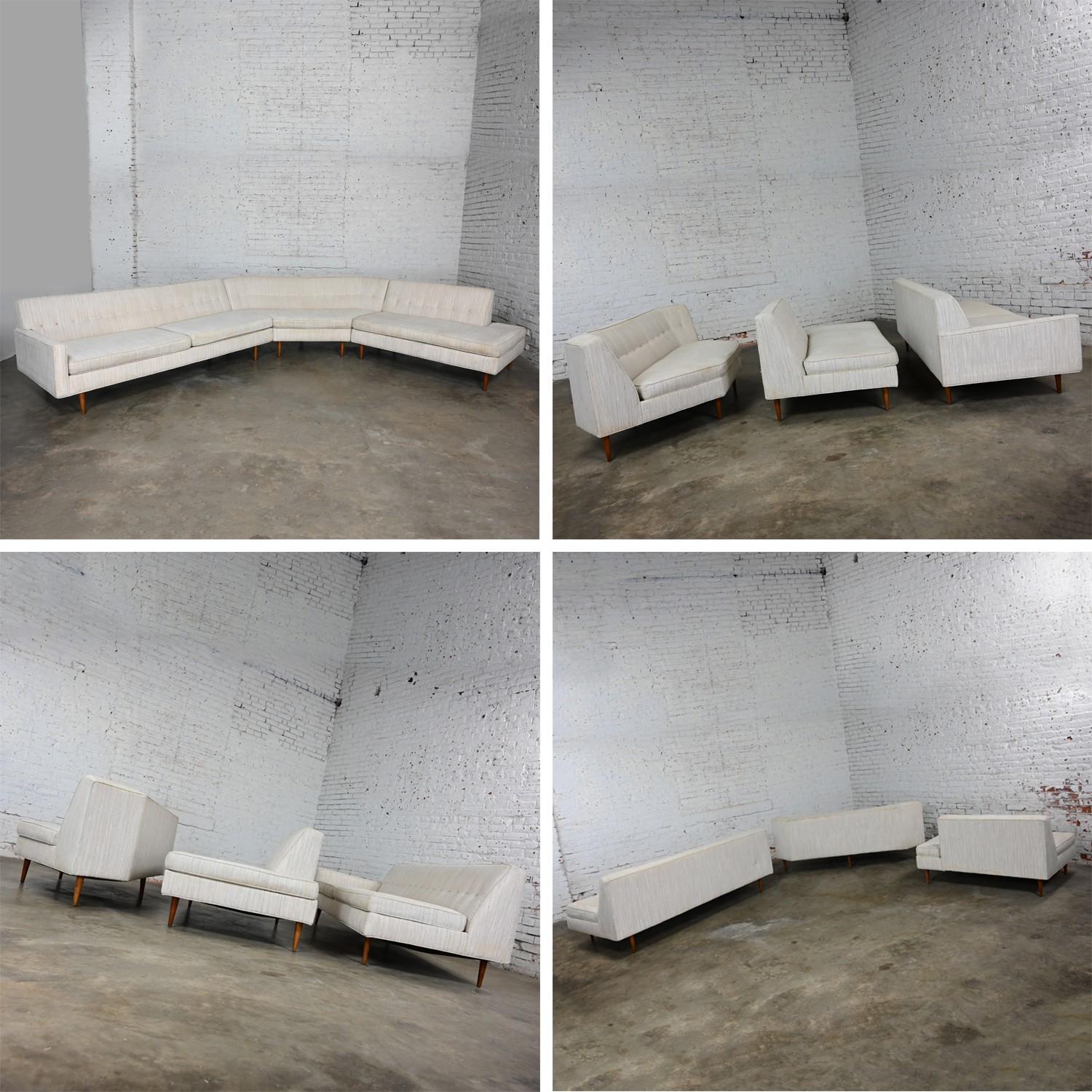 Mid-20th Century Mid Century Modern Sectional Sofa Off White Fabric Button Back 10