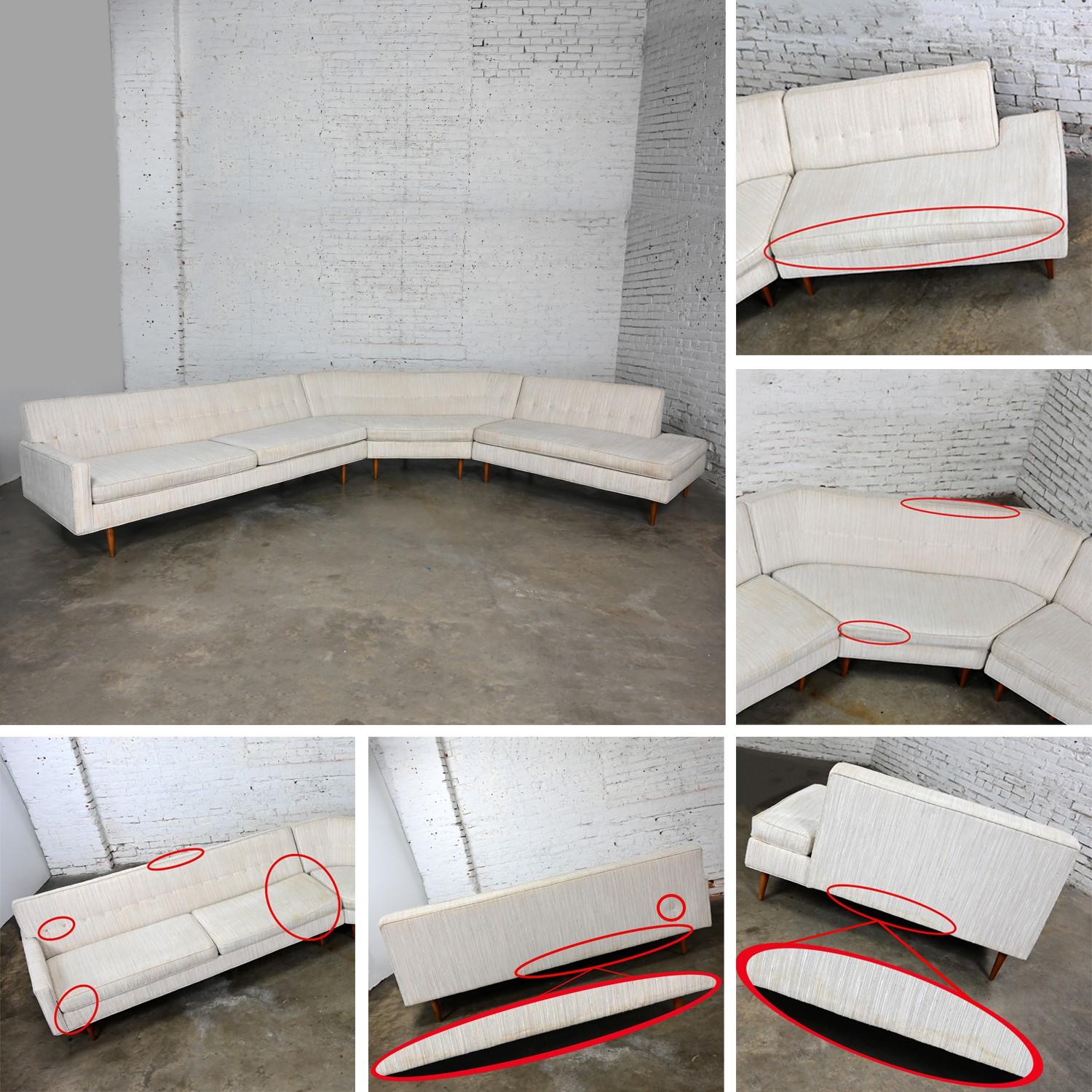 Mid-20th Century Mid Century Modern Sectional Sofa Off White Fabric Button Back 13