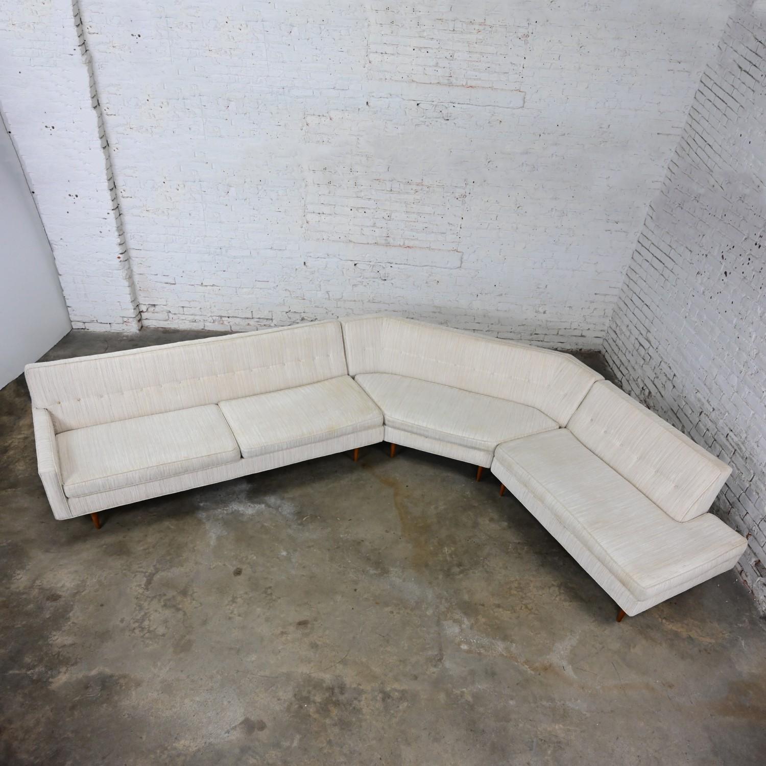 Mid-Century Modern Mid-20th Century Mid Century Modern Sectional Sofa Off White Fabric Button Back