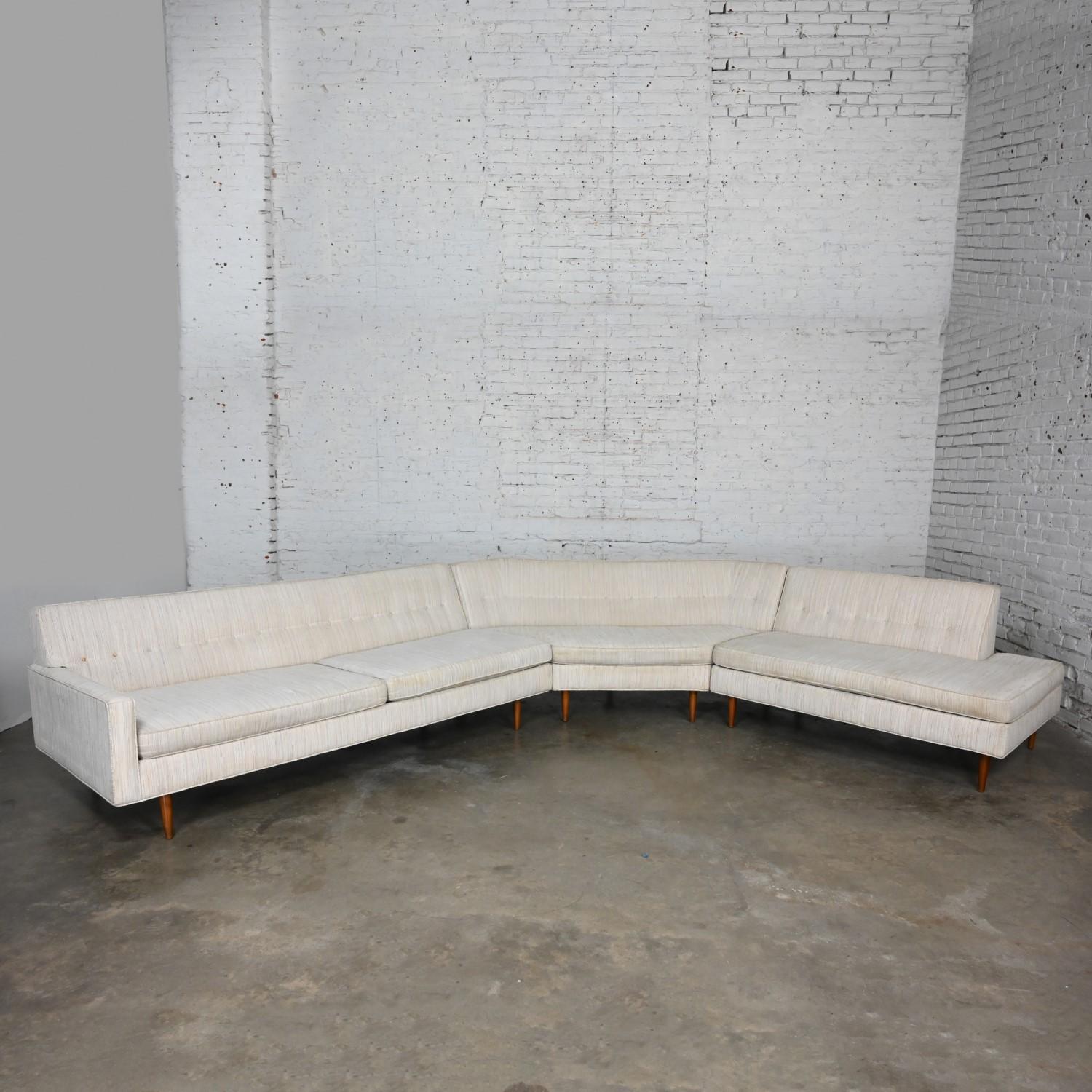 American Mid-20th Century Mid Century Modern Sectional Sofa Off White Fabric Button Back