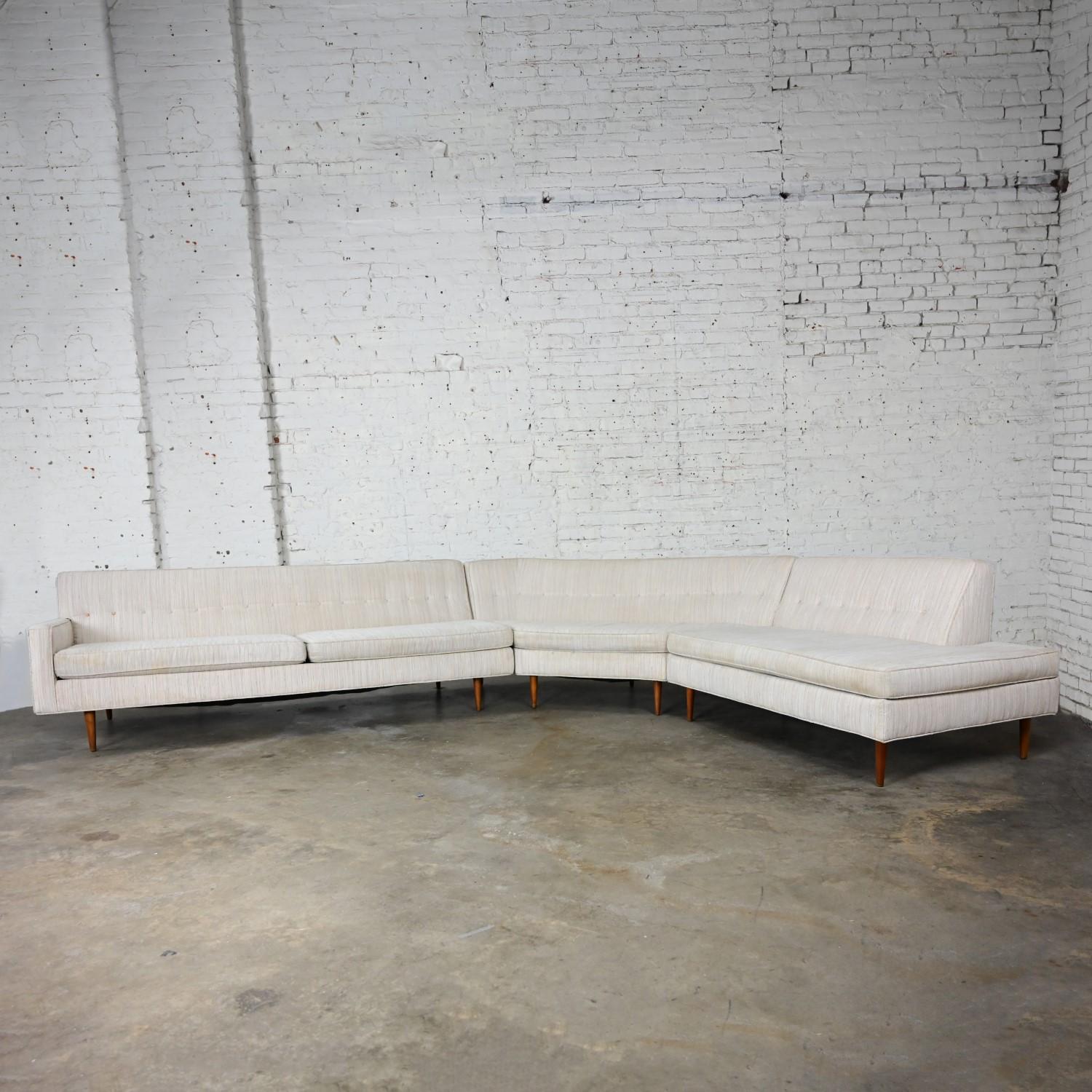 Mid-20th Century Mid Century Modern Sectional Sofa Off White Fabric Button Back 1