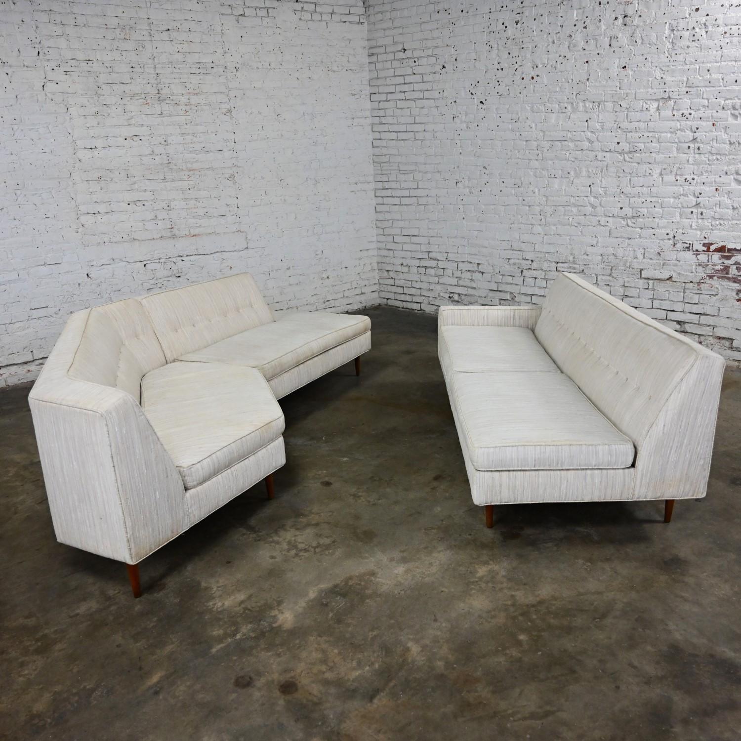 Mid-20th Century Mid Century Modern Sectional Sofa Off White Fabric Button Back 2