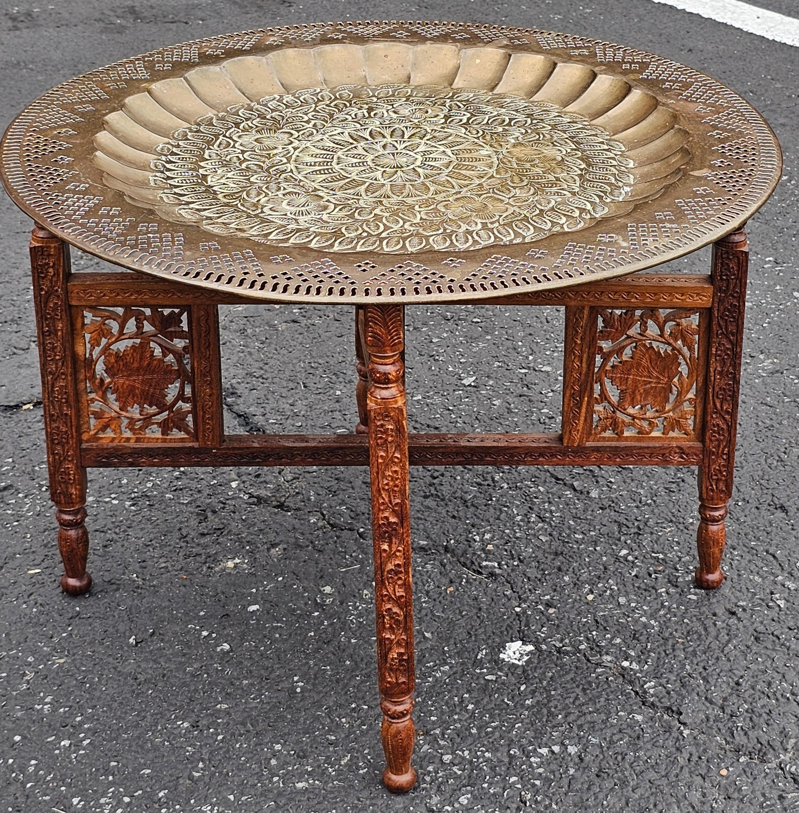 Mid 20th Century Middle Eastern Carved Teak and Etched Brass Folding Tray Table For Sale 3