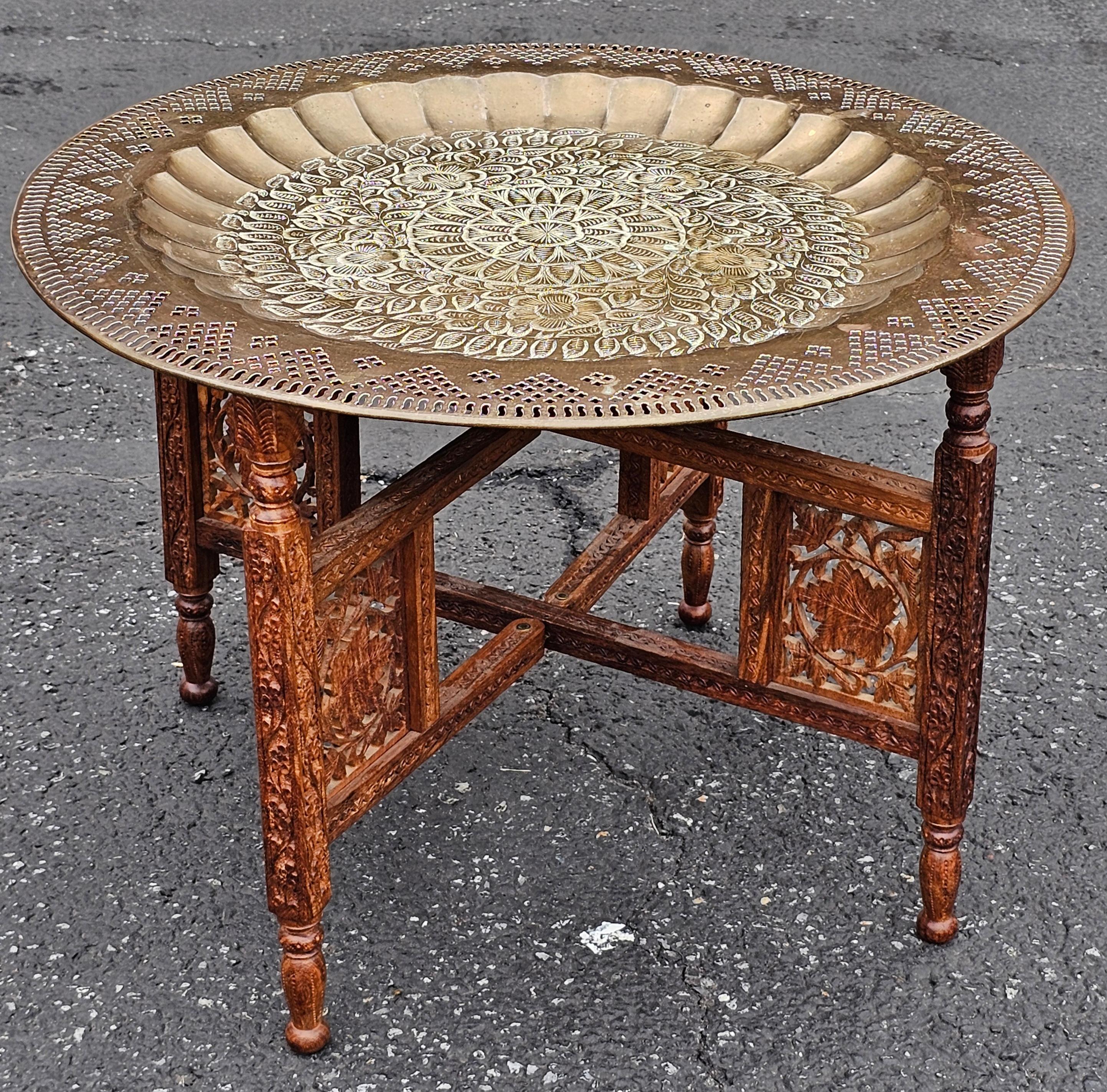 Mid 20th Century Middle Eastern Carved Teak and Etched Brass Folding Tray Table For Sale 4