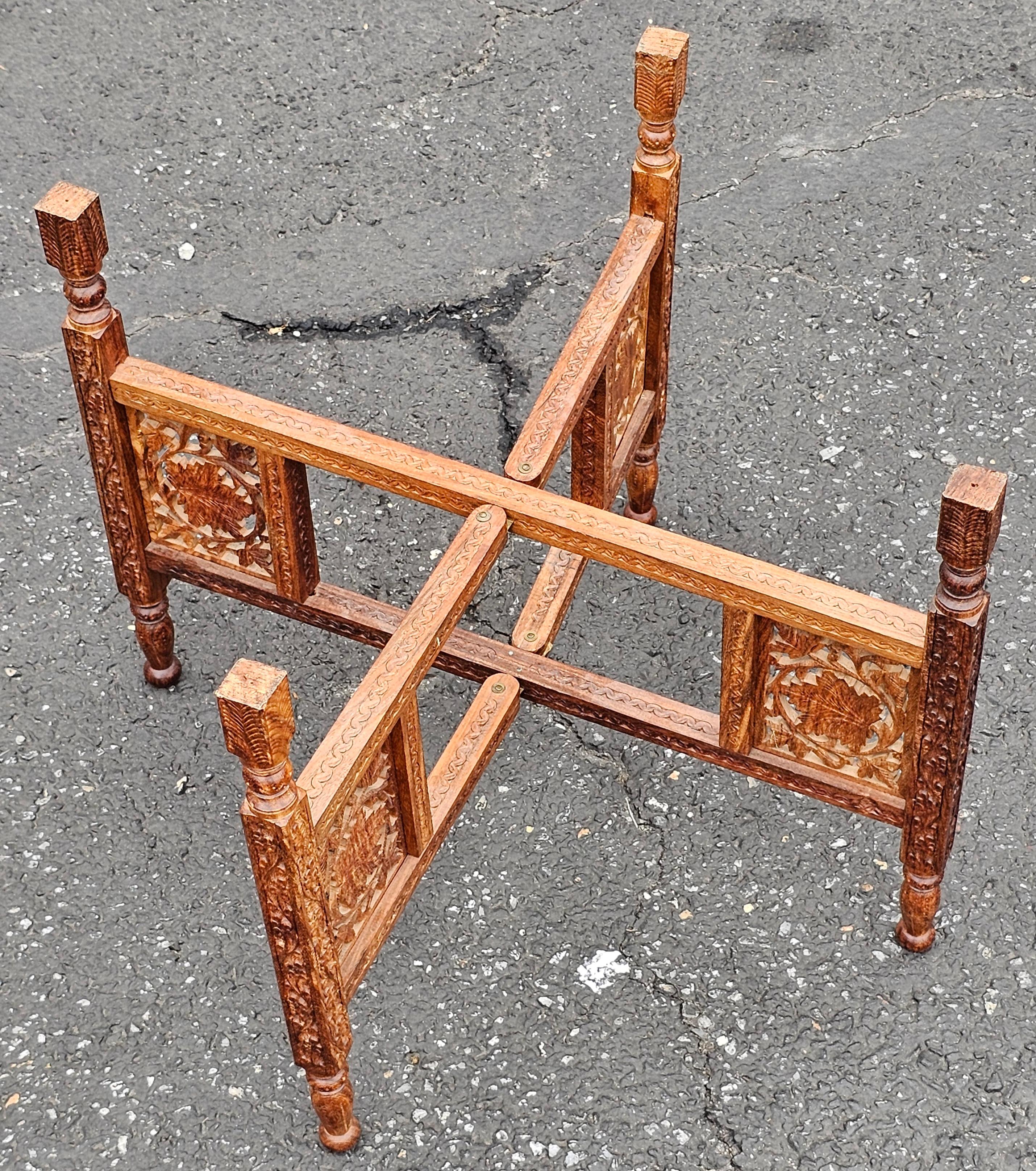 Mid 20th Century Middle Eastern Carved Teak and Etched Brass Folding Tray Table For Sale 5