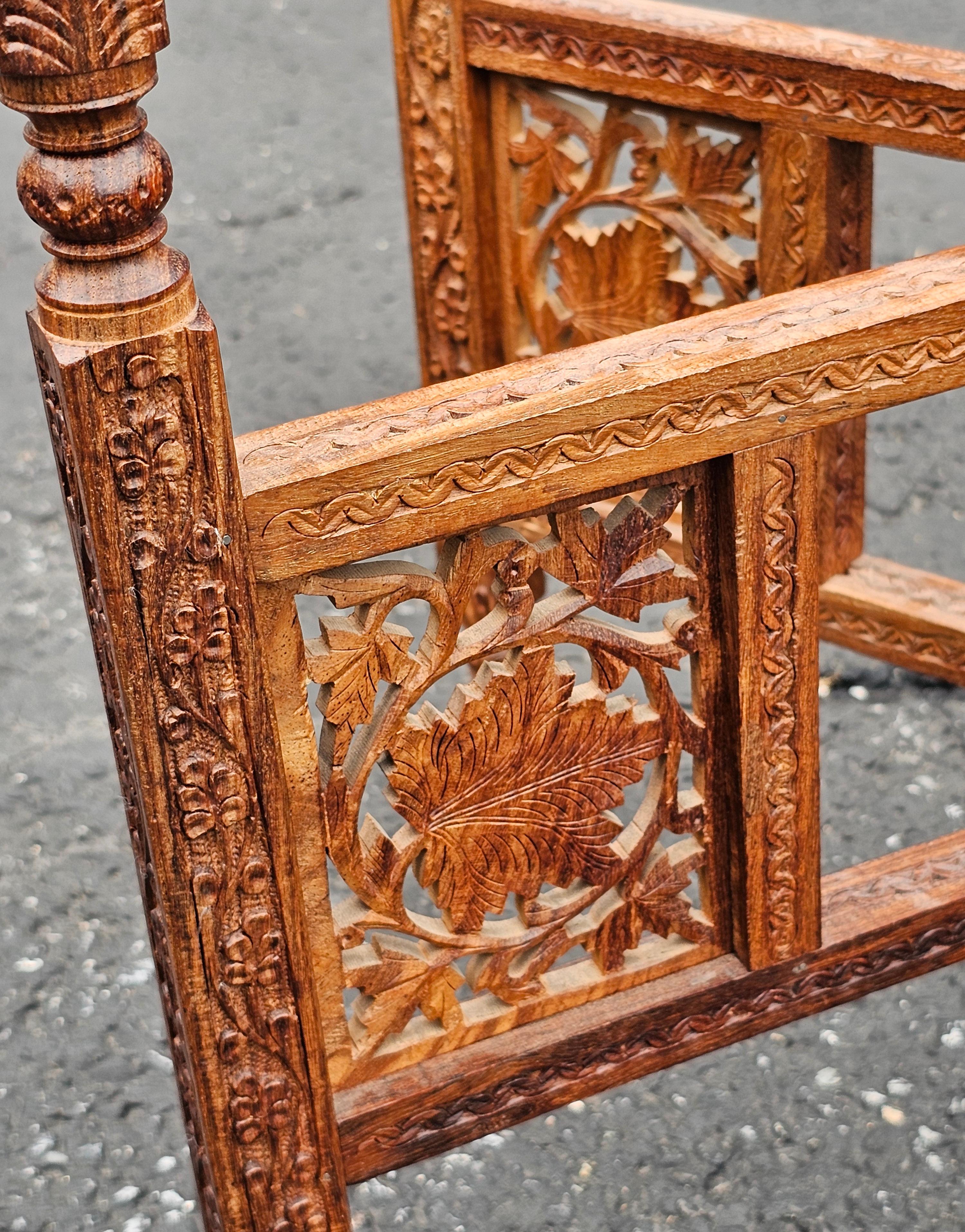 Mid 20th Century Middle Eastern Carved Teak and Etched Brass Folding Tray Table For Sale 7