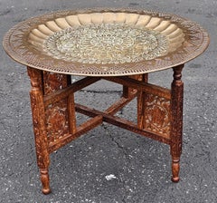 Mid 20th Century Middle Eastern Carved Teak and Etched Brass Folding Tray Table