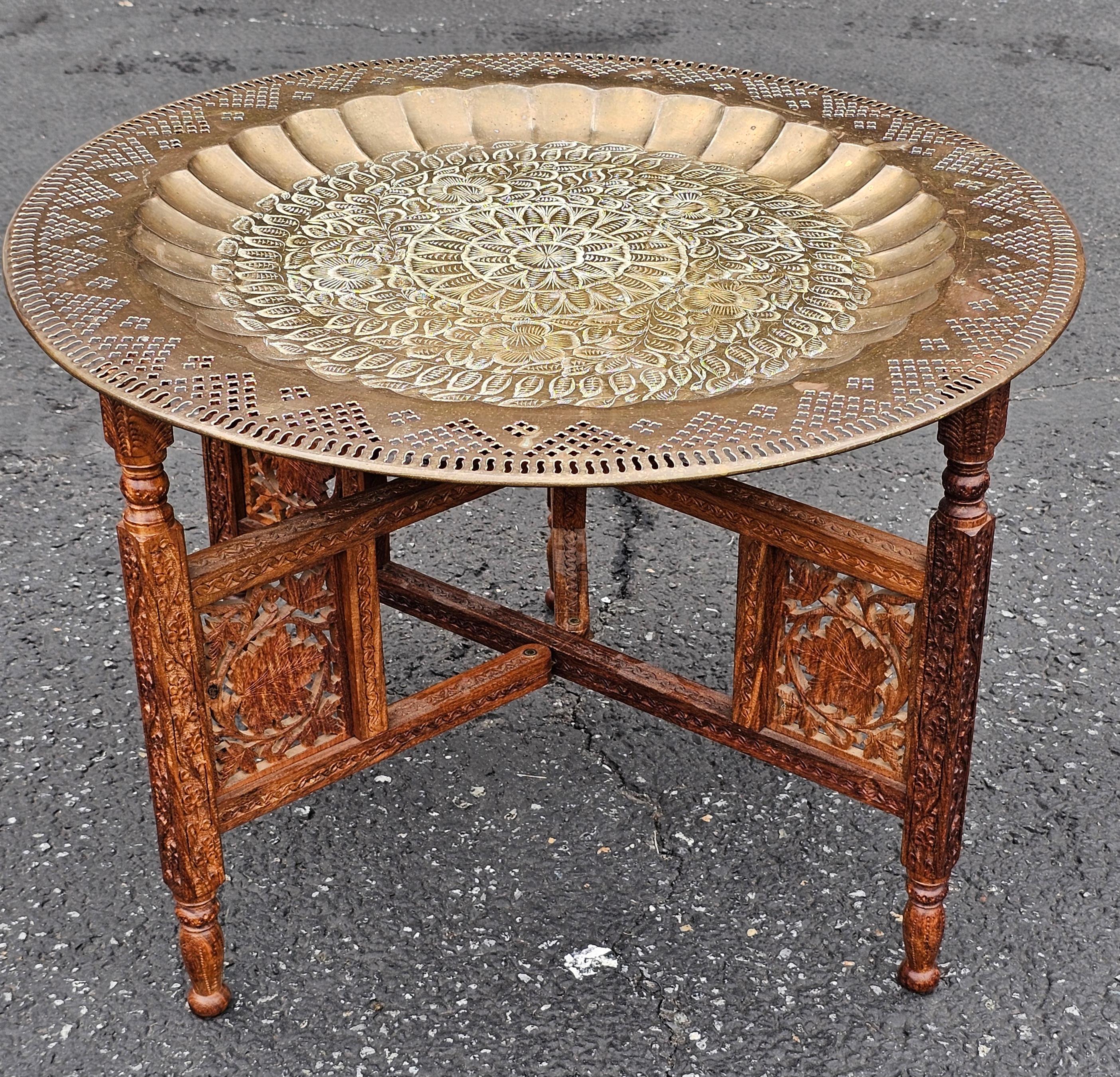 Mid-Century Modern Mid 20th Century Middle Eastern Carved Teak and Etched Brass Folding Tray Table For Sale