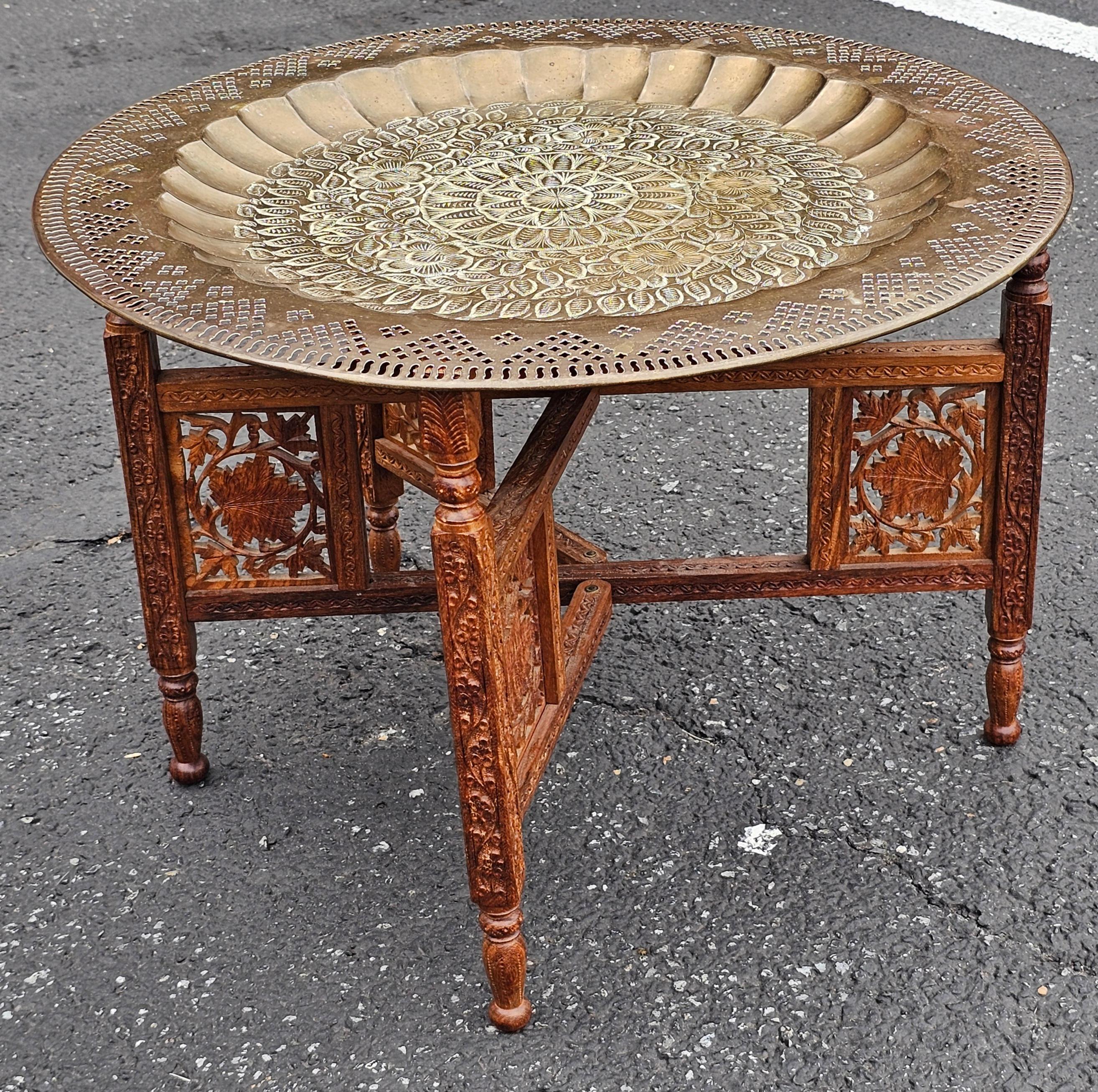 Unknown Mid 20th Century Middle Eastern Carved Teak and Etched Brass Folding Tray Table For Sale