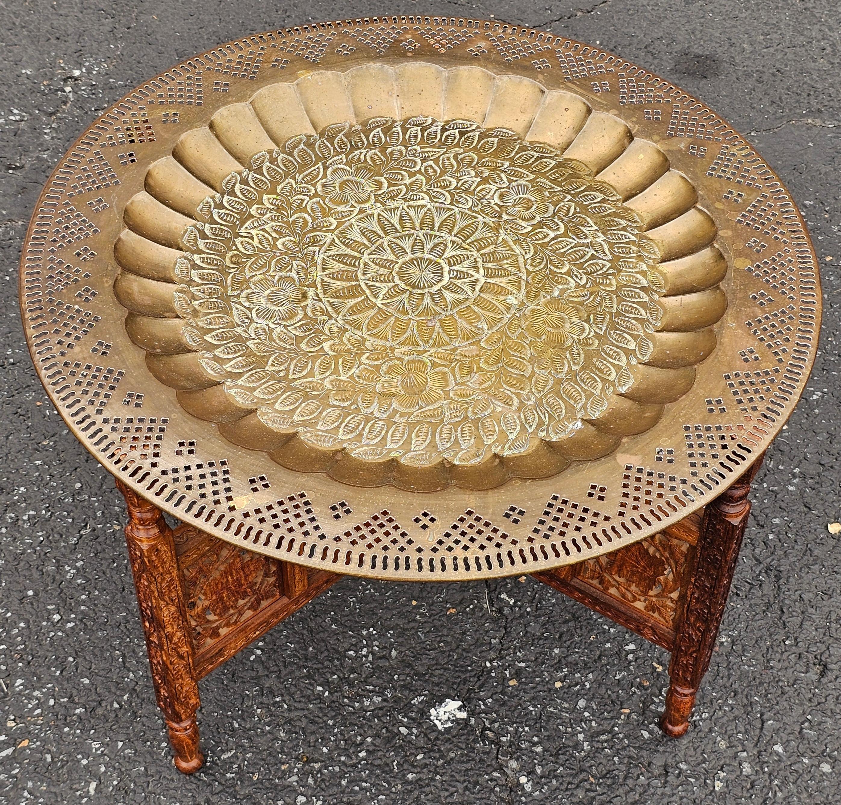 Stained Mid 20th Century Middle Eastern Carved Teak and Etched Brass Folding Tray Table For Sale
