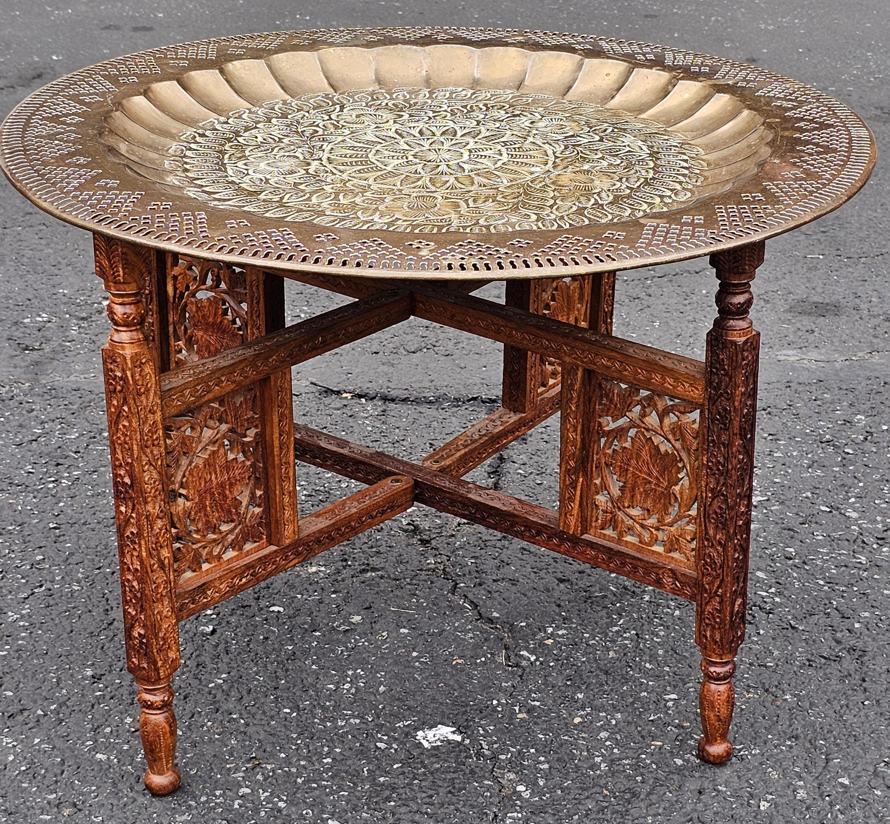 Mid 20th Century Middle Eastern Carved Teak and Etched Brass Folding Tray Table For Sale 1