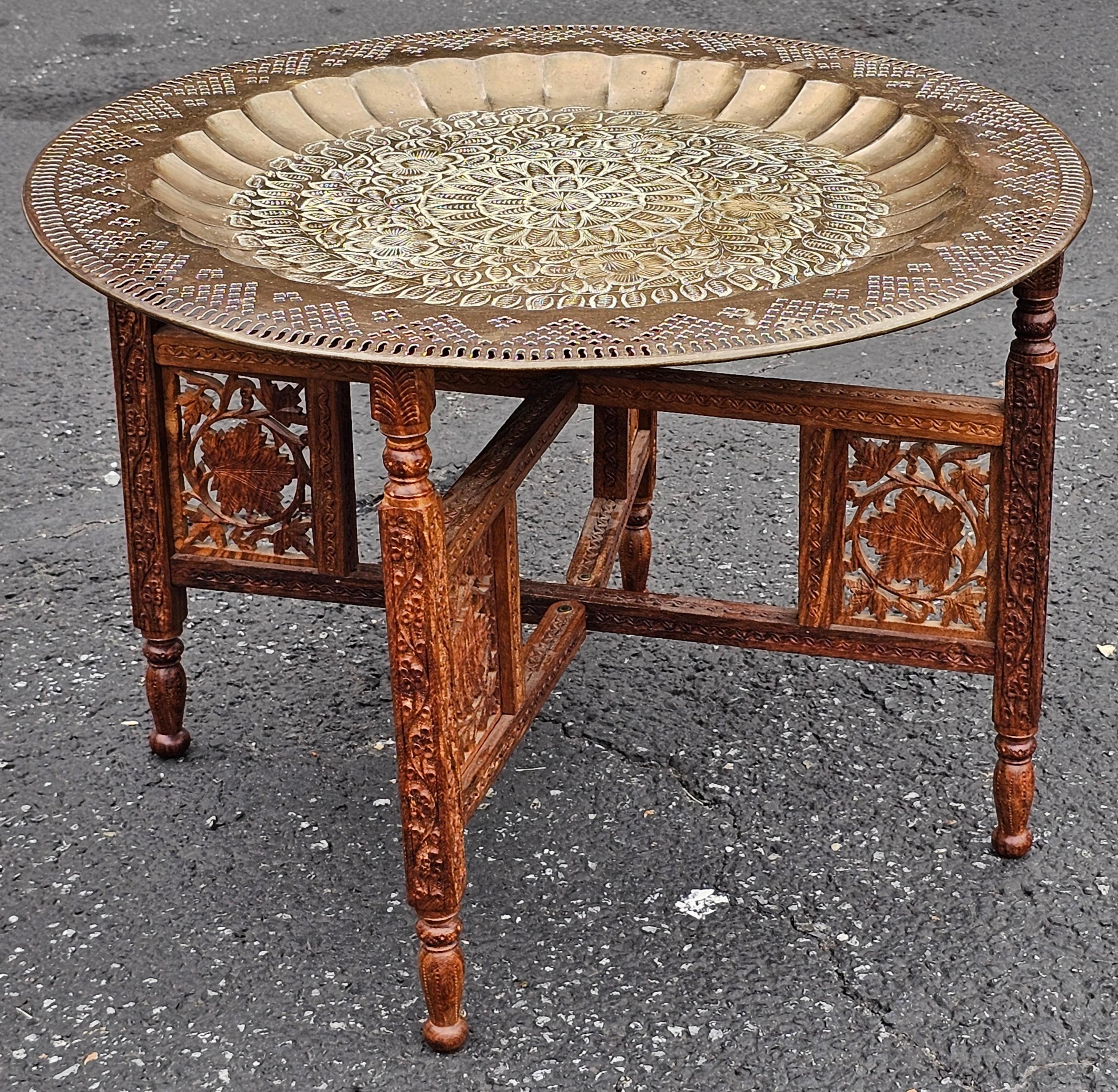 Mid 20th Century Middle Eastern Carved Teak and Etched Brass Folding Tray Table For Sale 2