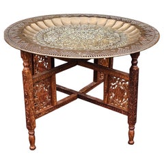 Mid 20th Century Middle Eastern Carved Teak and Etched Brass Folding Tray Table