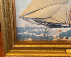 Paisaje marino de mediados del siglo XX con yate, inspirado en Thomas Willis