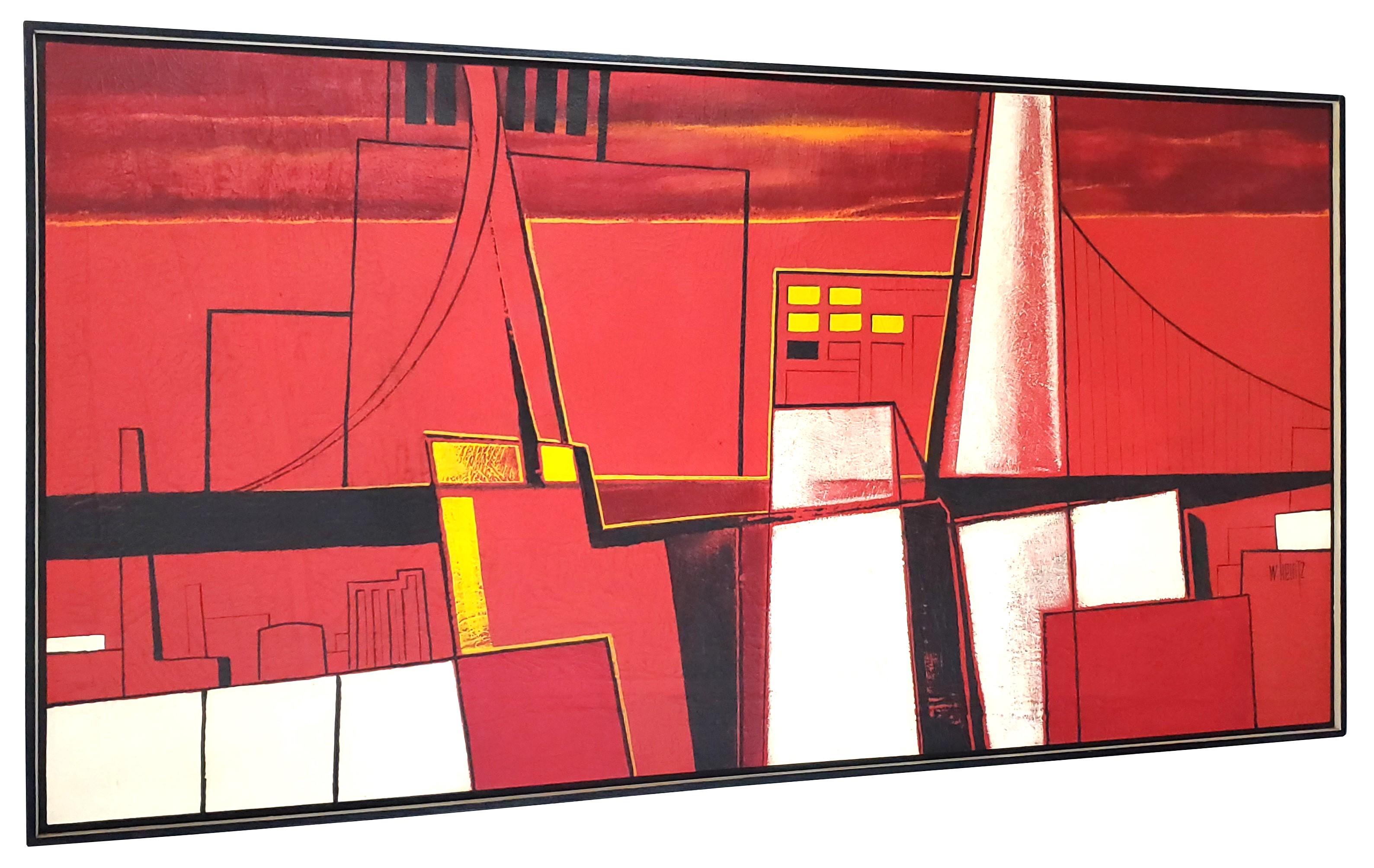 Abstrakte Stadtlandschaft, Gemälde des Künstlers W. Heintz, signiert, Moderne der Mitte des 20. Jahrhunderts (Moderne der Mitte des Jahrhunderts) im Angebot