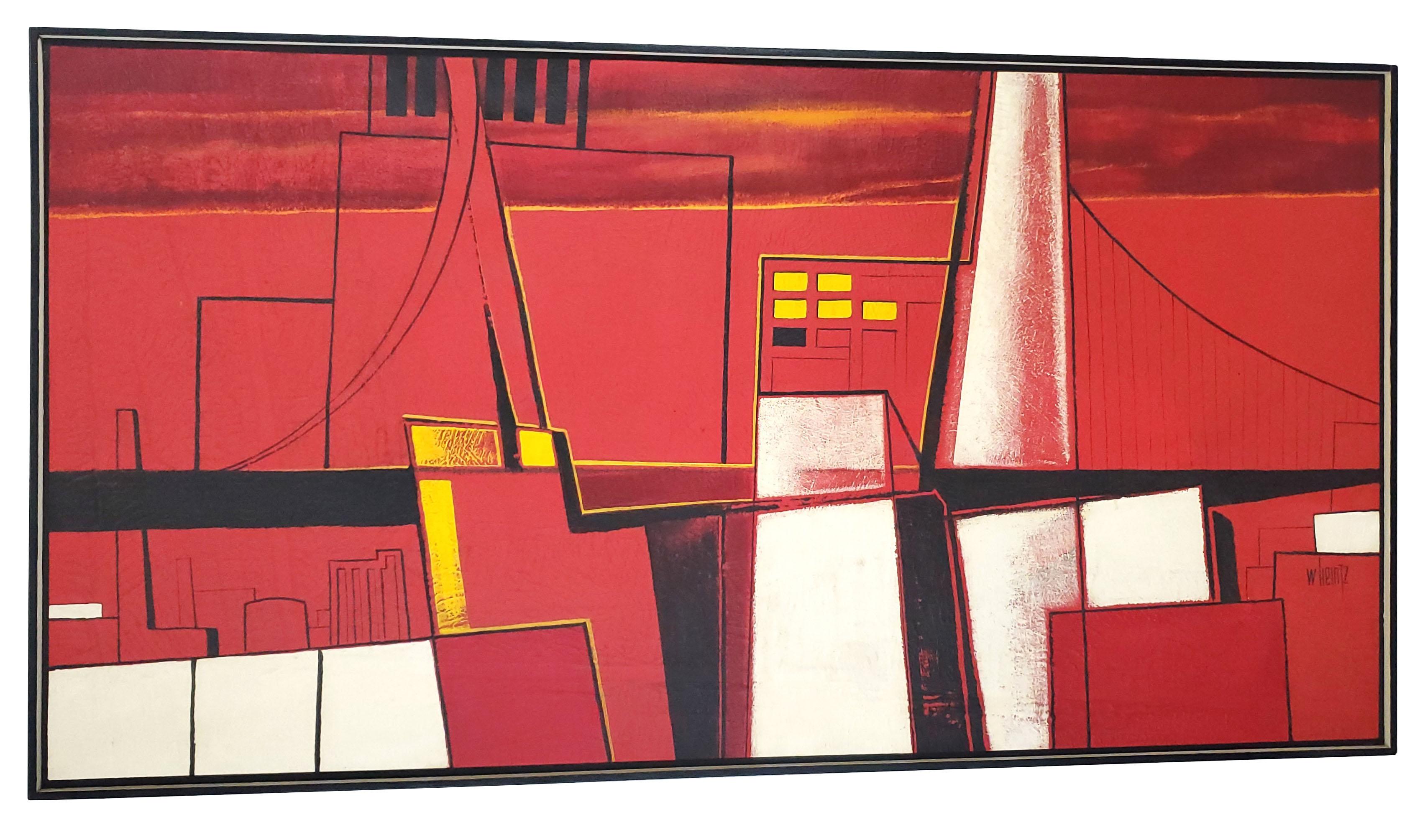 Abstrakte Stadtlandschaft, Gemälde des Künstlers W. Heintz, signiert, Moderne der Mitte des 20. Jahrhunderts (Gebürstet) im Angebot
