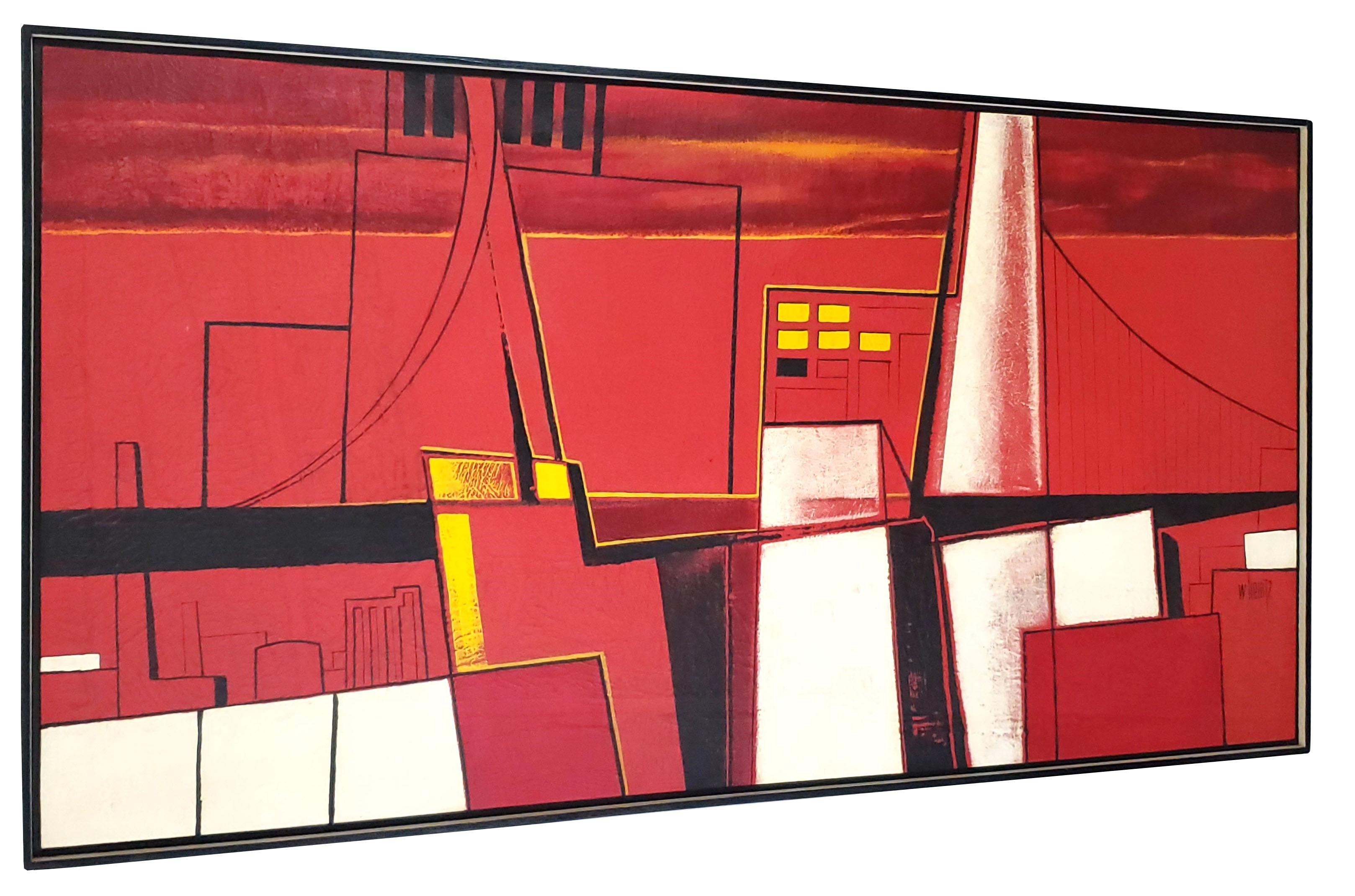 Mid 20th Century Modern Abstract Cityscape Painting Signed by Artist W. Heintz In Good Condition For Sale In Miami, FL