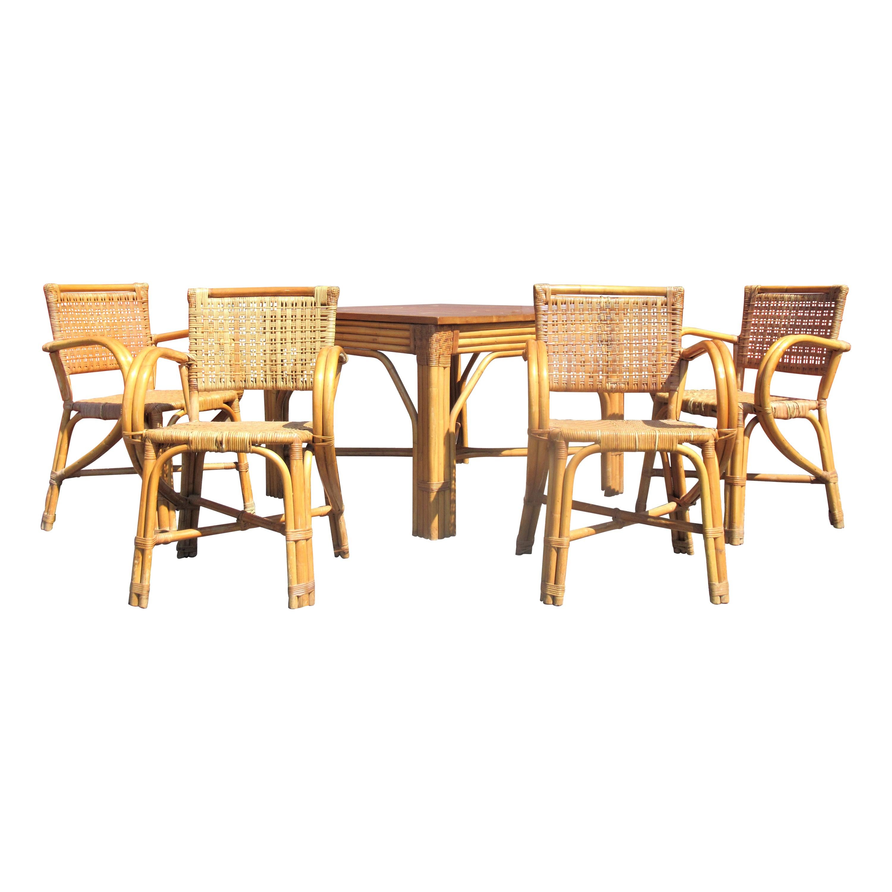 Paul Frankl Design Rattan and Woven Reed Table and Chairs, Circa 1950