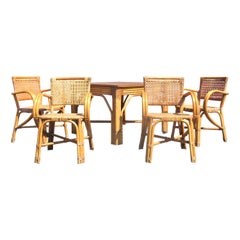  Paul Frankl Design Rattan and Woven Reed Table and Chairs, Circa 1950