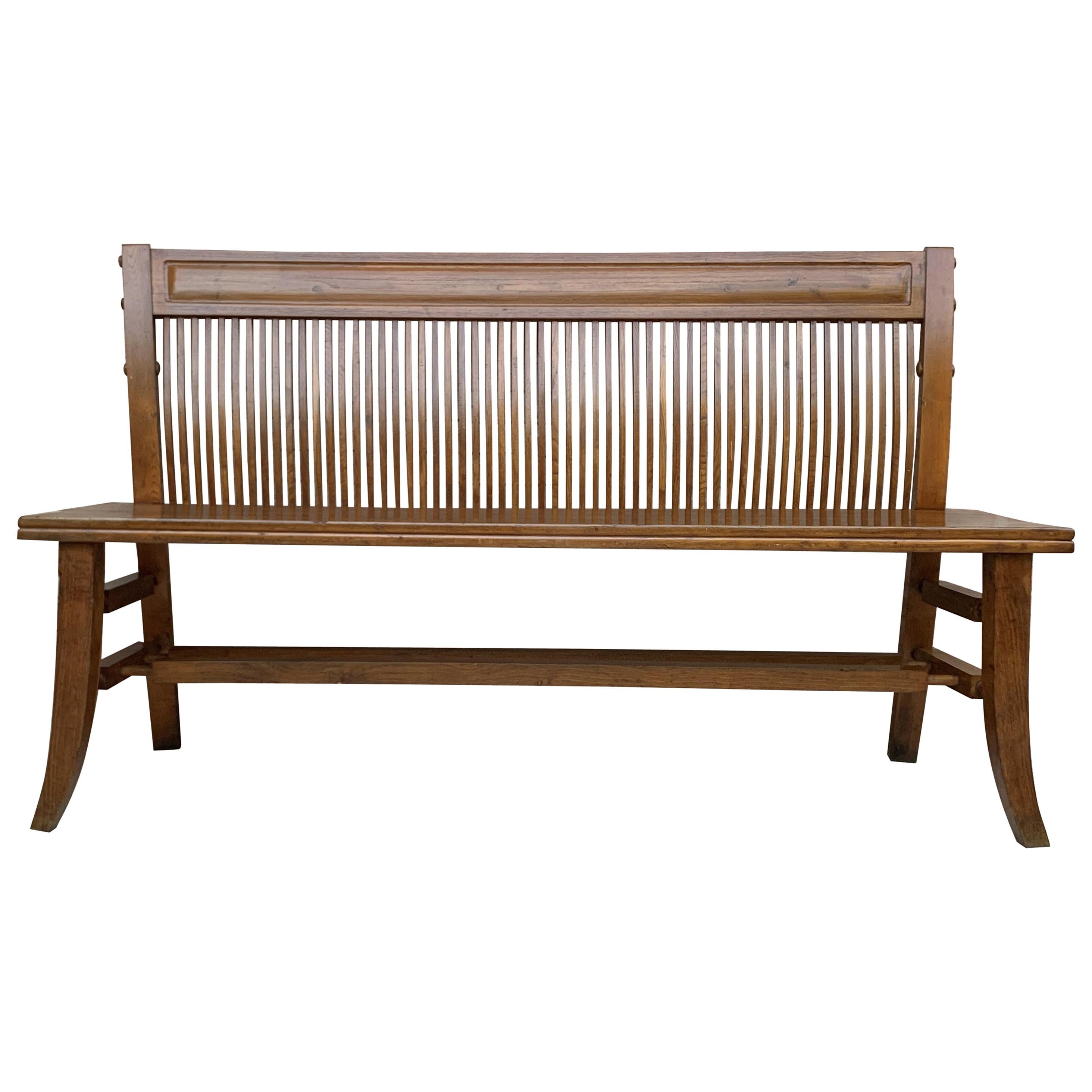 Mid-20th Century Modern Bench in Walnut with Bars Back and Wood Seat
