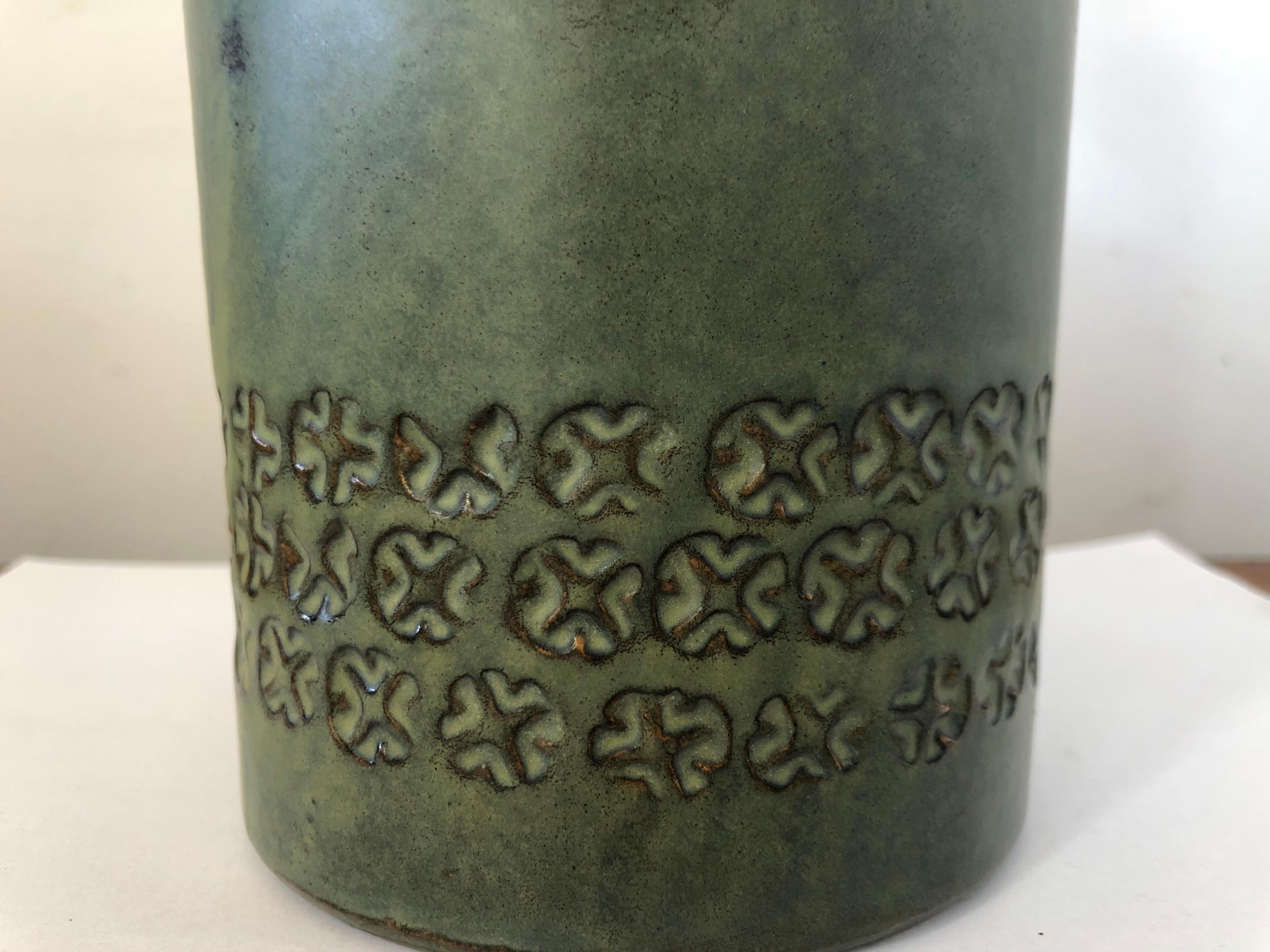 Mid-20th century modern Bitossi art pottery Lamp
matte forest green textured pottery.