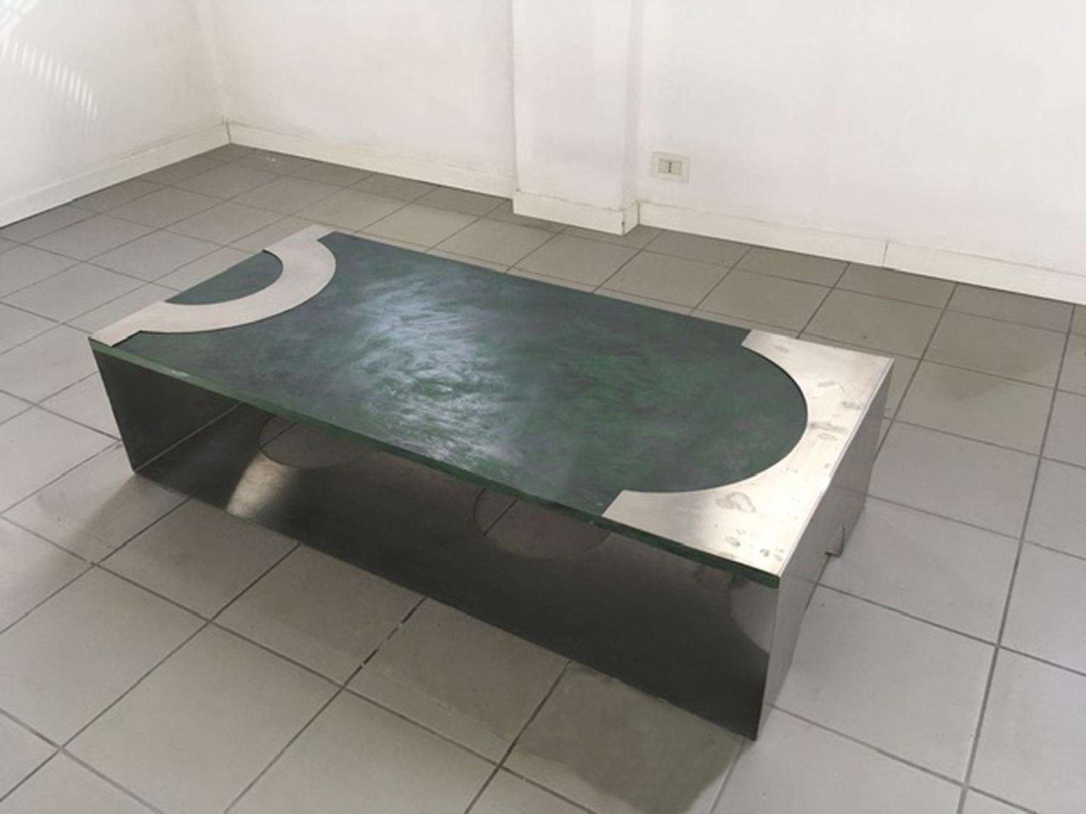 1970 Post-Modern Green Patinated Wood and Stainless Steel Coffee Table For Sale 1