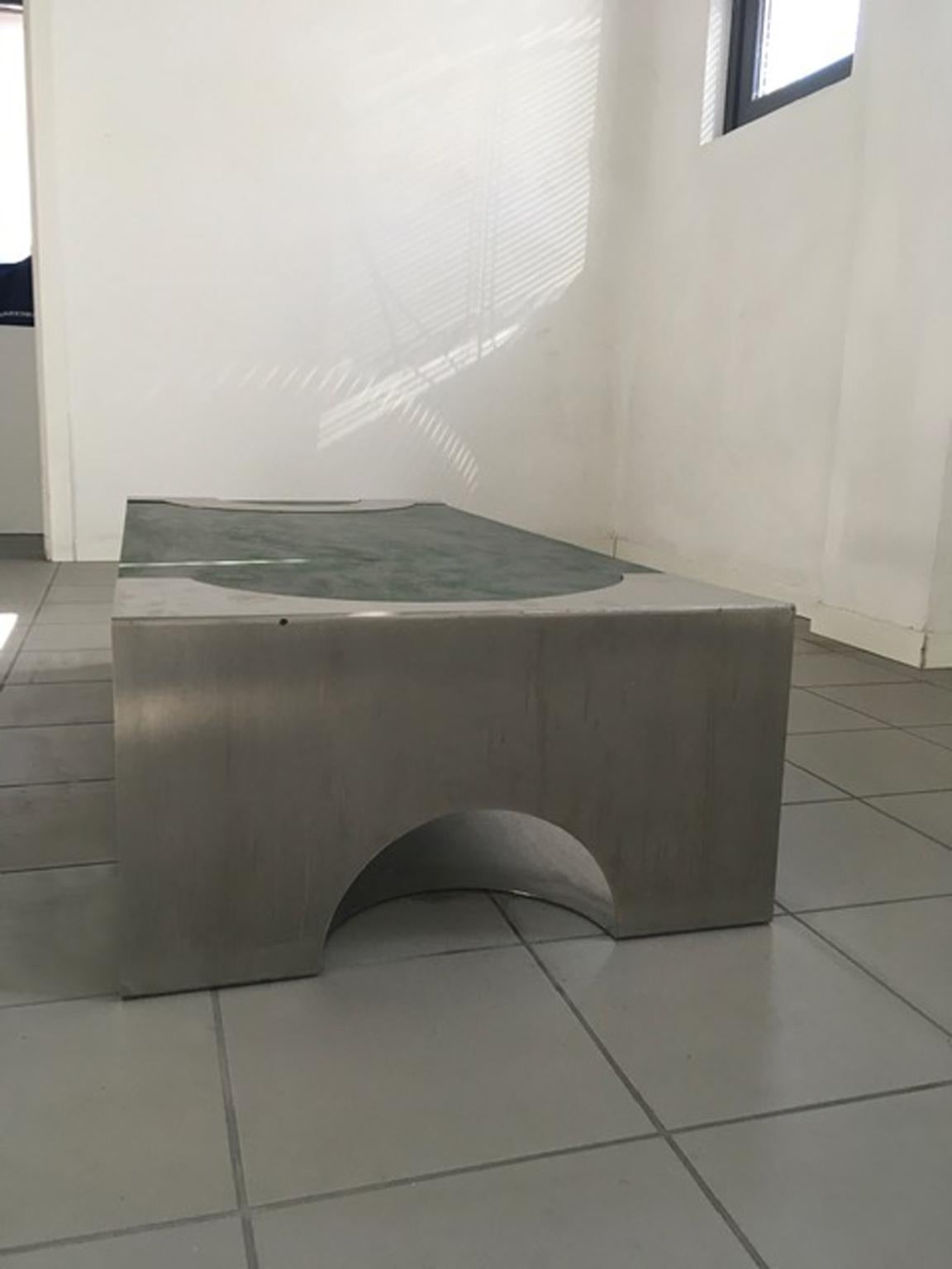 1970 Post-Modern Green Patinated Wood and Stainless Steel Coffee Table For Sale 3