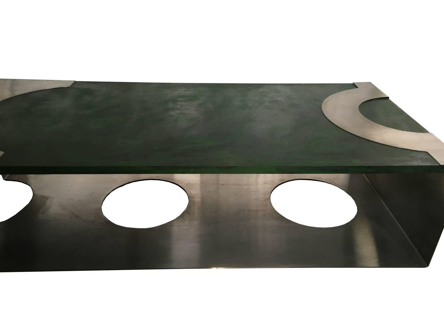 Italian 1970 Post-Modern Green Patinated Wood and Stainless Steel Coffee Table For Sale