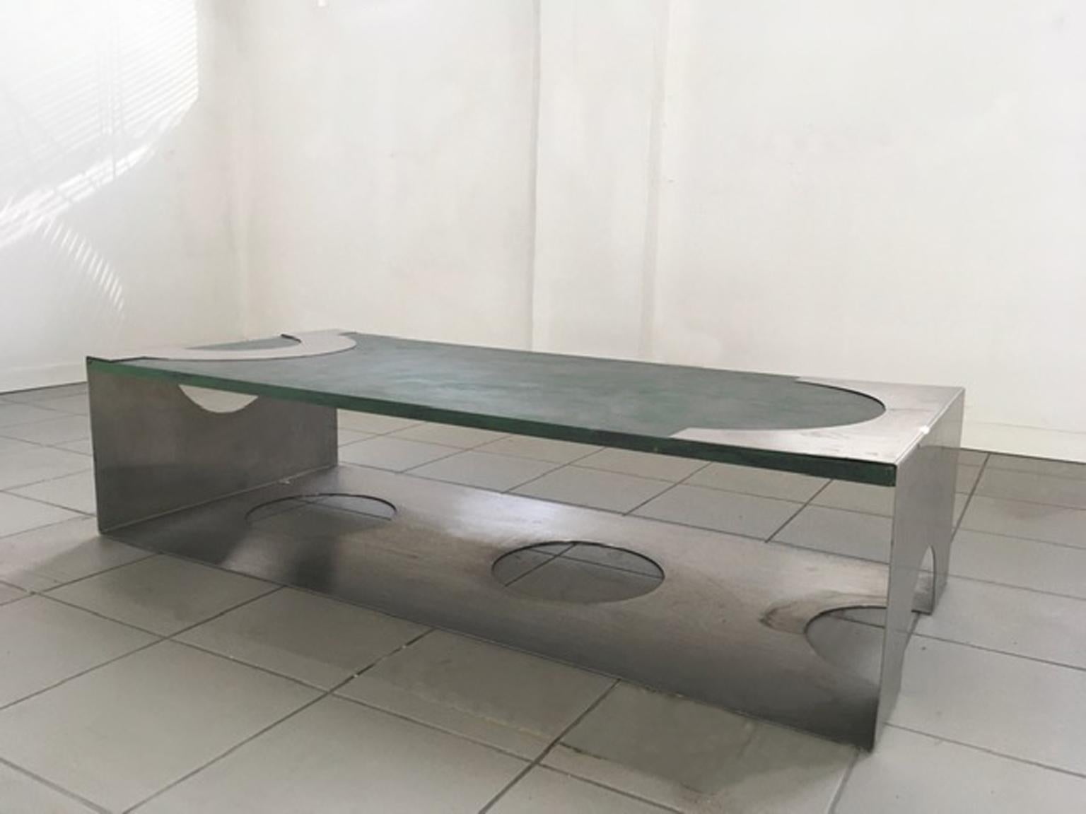 Carved 1970 Post-Modern Green Patinated Wood and Stainless Steel Coffee Table For Sale