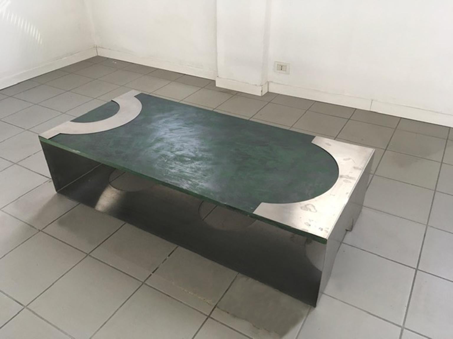 20th Century 1970 Post-Modern Green Patinated Wood and Stainless Steel Coffee Table For Sale