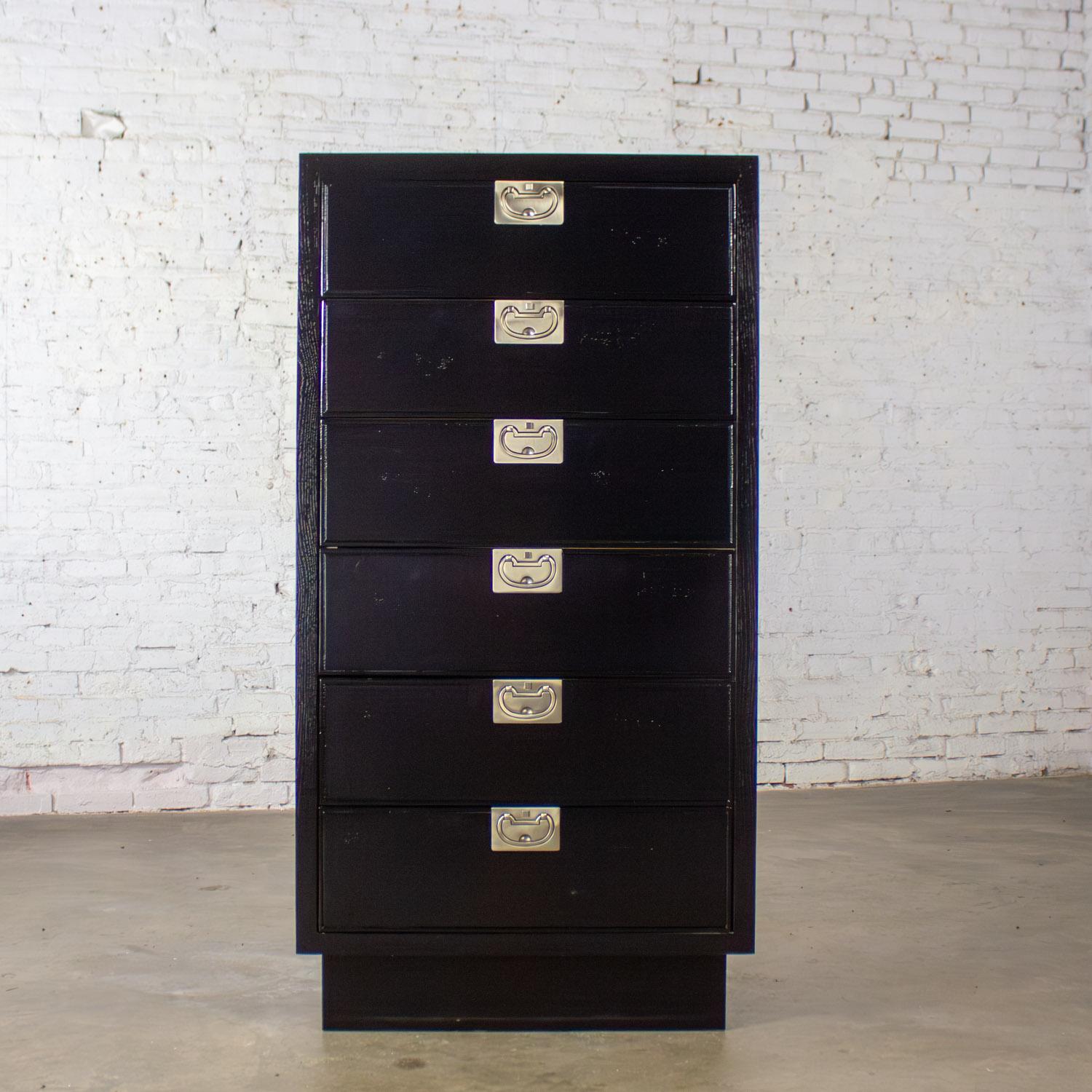 American Mid 20th Century Modern Campaign Style Henredon Black Lingerie Chest of Drawers For Sale