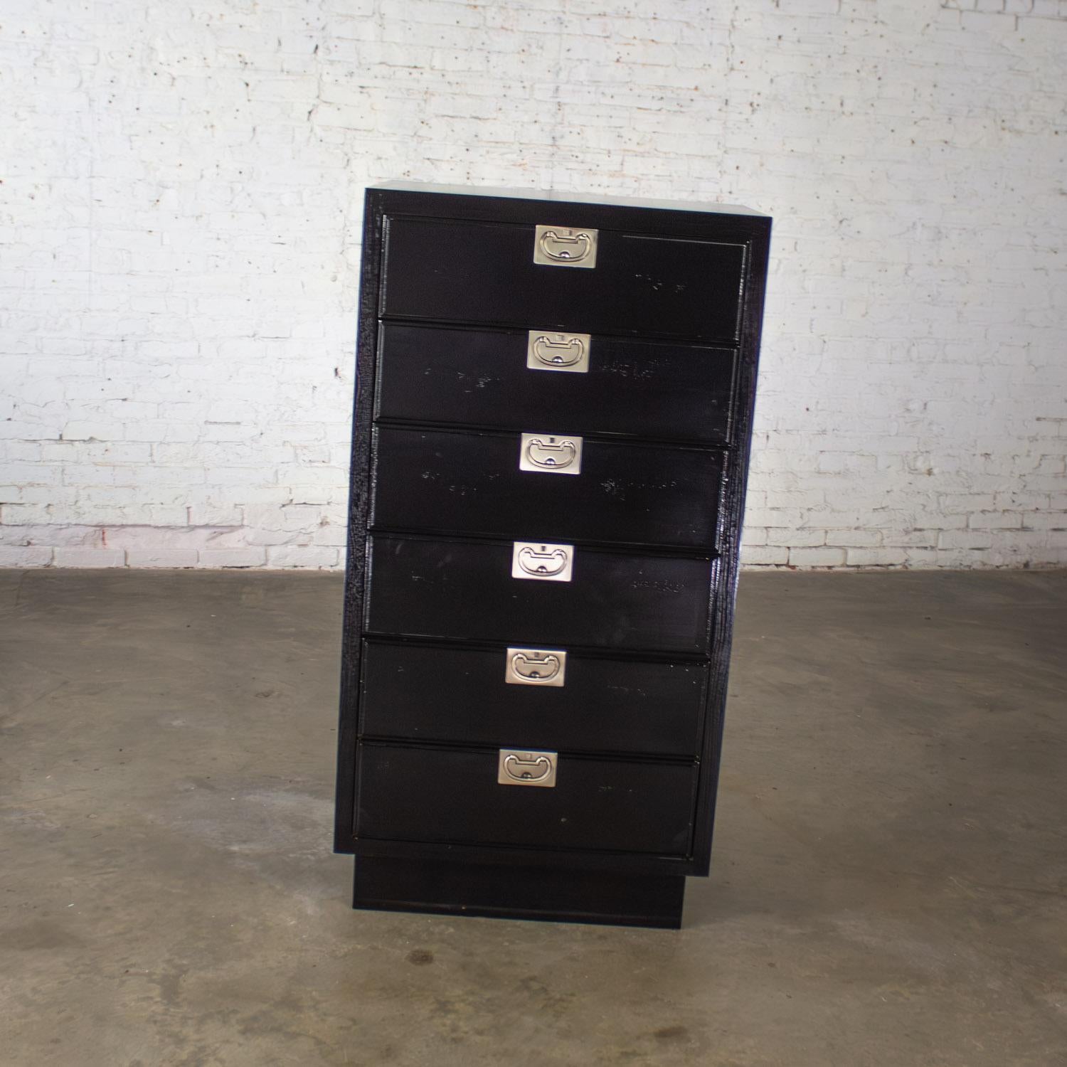 Lacquered Mid 20th Century Modern Campaign Style Henredon Black Lingerie Chest of Drawers For Sale