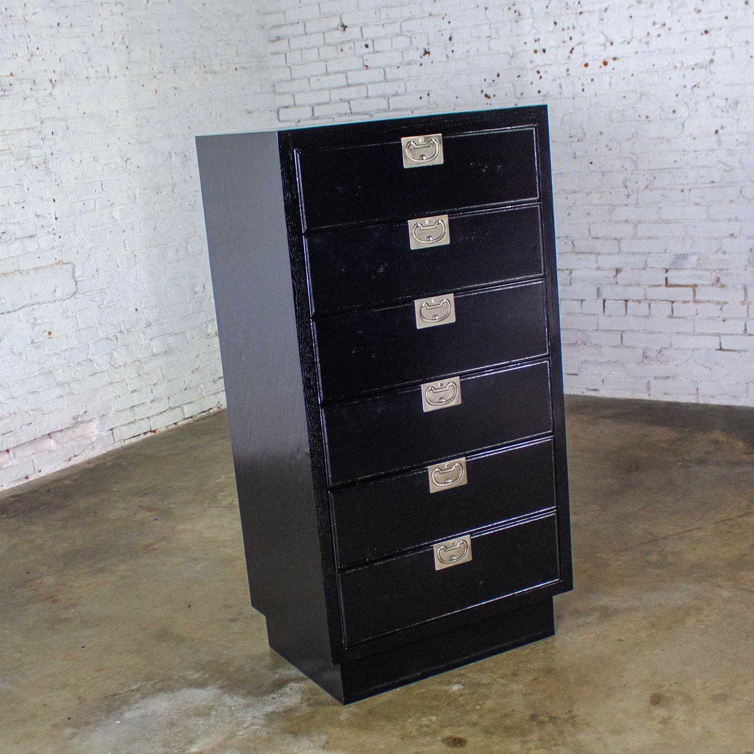 Brass Mid 20th Century Modern Campaign Style Henredon Black Lingerie Chest of Drawers For Sale