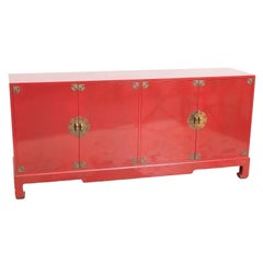 Mid-20th Century Modern Chinoiserie Red Lacquered Four-Door Buffet / Server