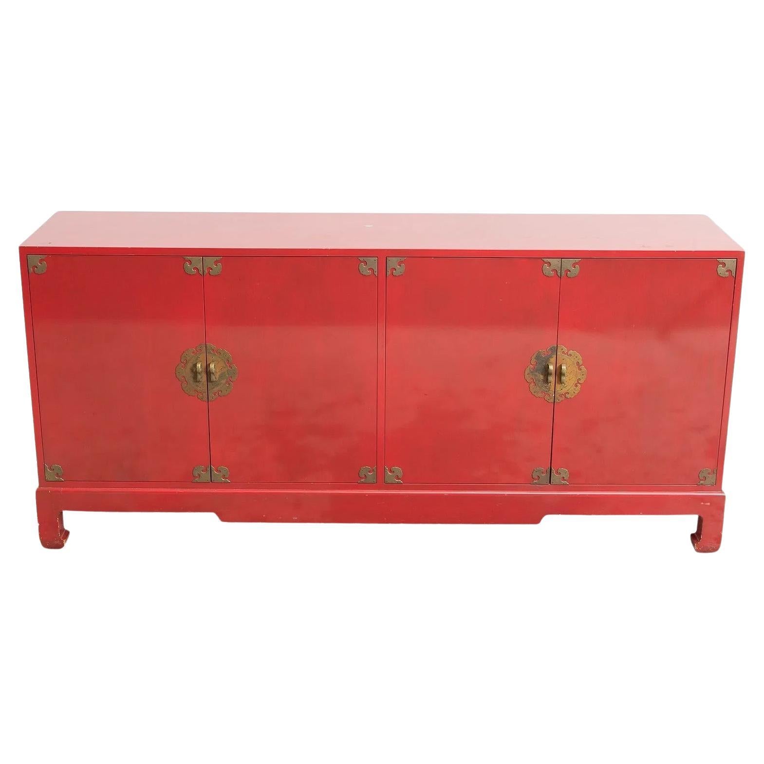 Mid-20th Century Modern Chinoiserie Red Lacquered Four-Door Buffet / Server