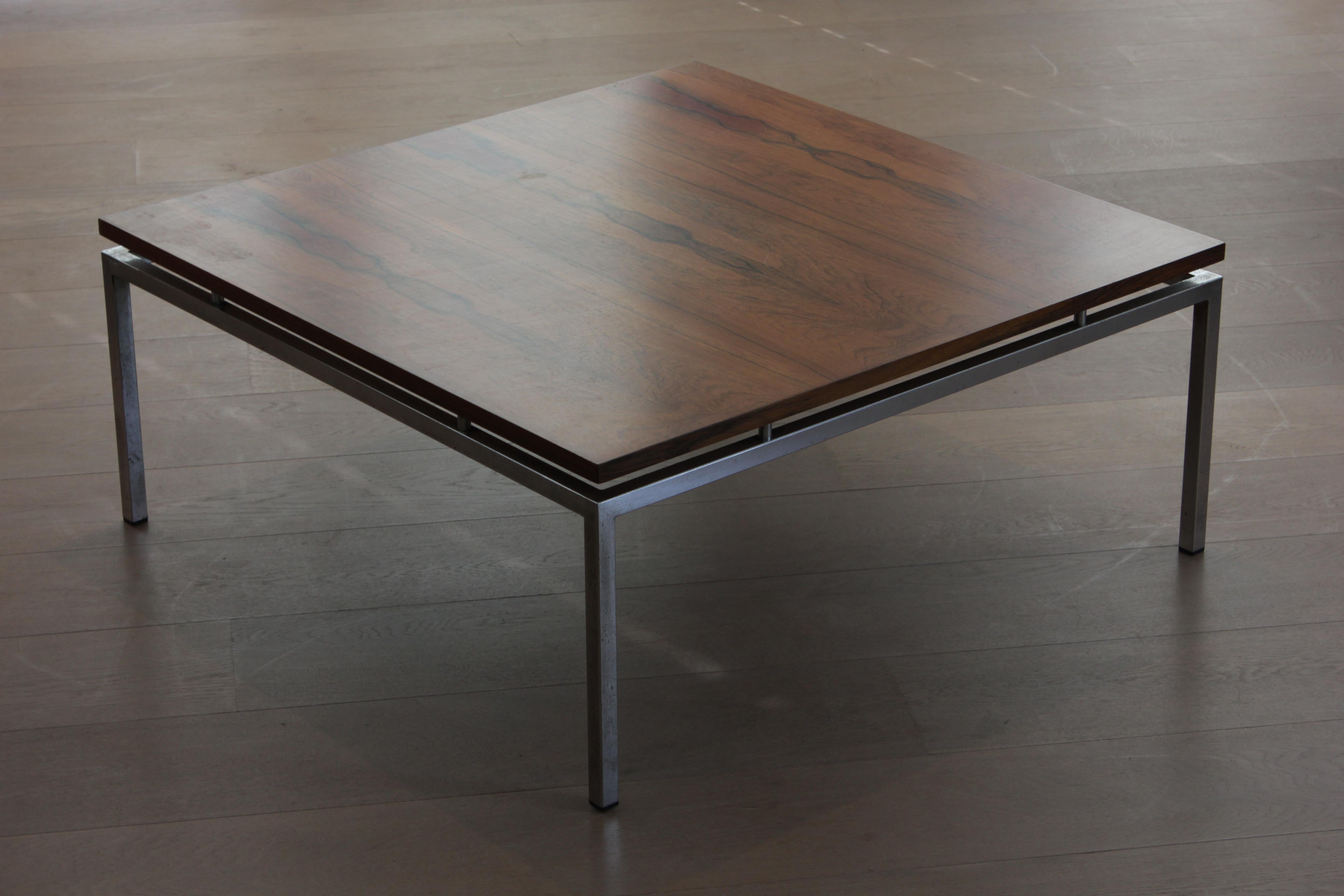 Coffee table by Knud Joos-Jensen for Jason Møbler

1960s

Denmark

Rosewood and steel

34cm high, 80cm wide, 80cm deep

Knud Joos-Jensen (1928-2008) distinguished himself as a visionary Danish architect and designer. Renowned for his sleek and